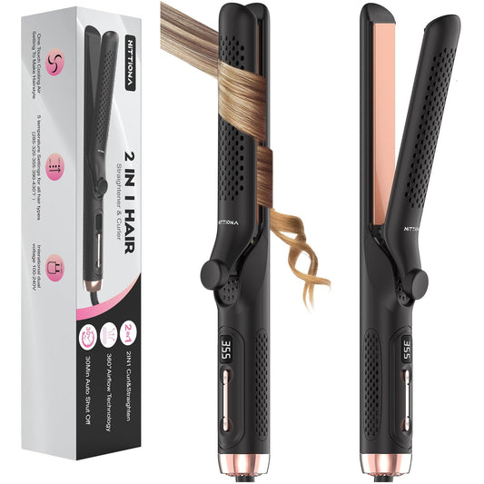 360° Airflow Styler Curling Iron - 1.25 Inch Hair Straightener and Curler 2 in 1 with Vented Cool Air to Lock Style, Extra Long Flat Iron Curling Wand, 5 Temps LCD Display, Dual Voltage for Travel