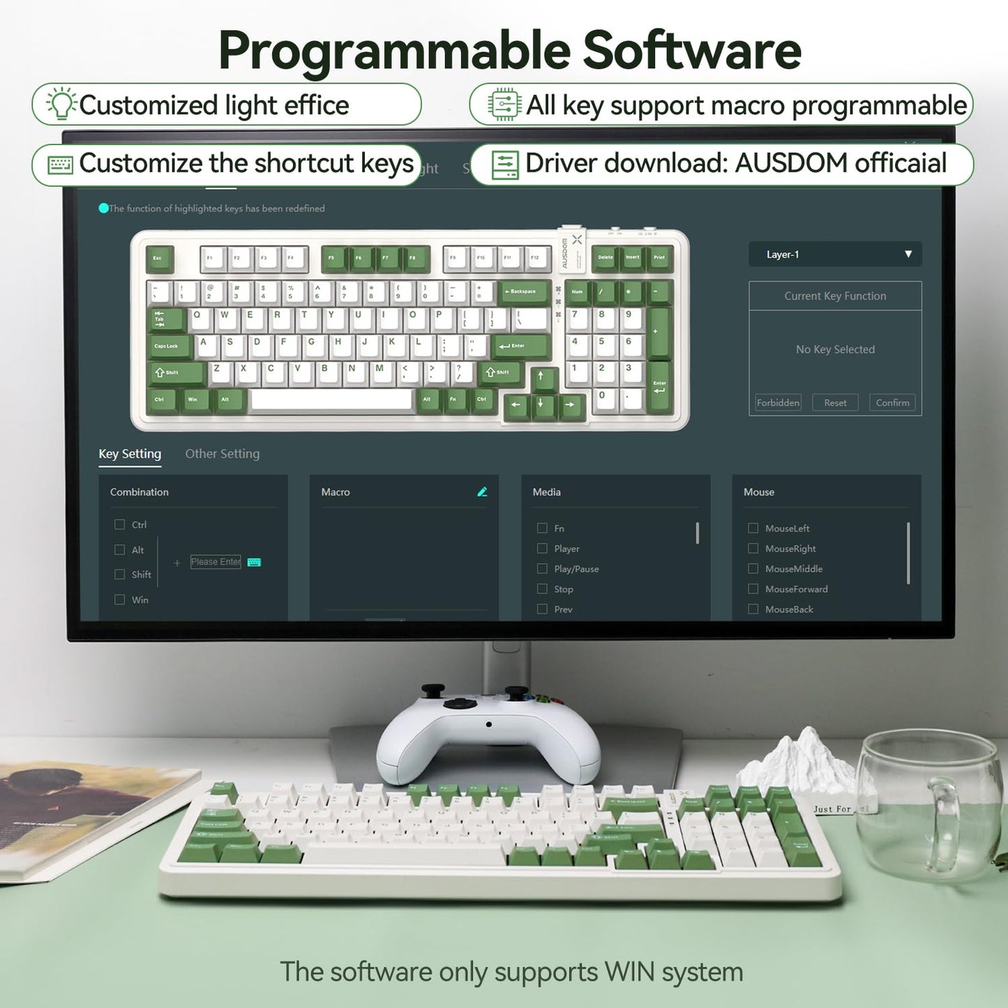 AUSDOM 98Pro Silent Mechanical Keyboard,Wireless Hot Swappable Gaming Keyboard with Backlit,Gasket Structure,Pre-lubed Tactile Switches,2.4GHz/Type-C/Bluetooth Custom Keyboard(Green & White-Silent)