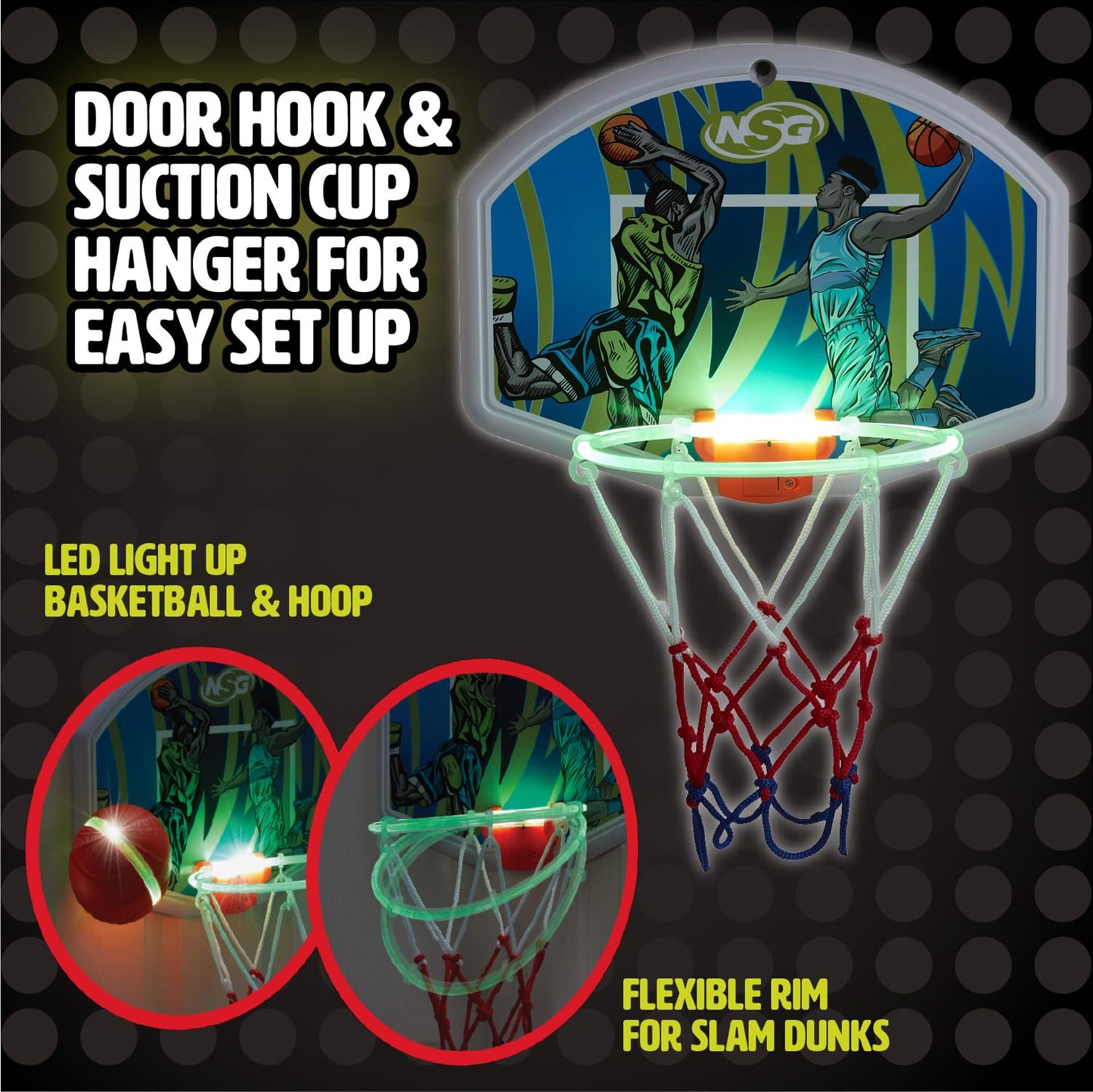 NSG LED Light-Up Basketball Hoop Set - Fun Indoor & Outdoor Play for Kids and Adults - Durable & Portable for Day or Night Games, Ages 4 & Up