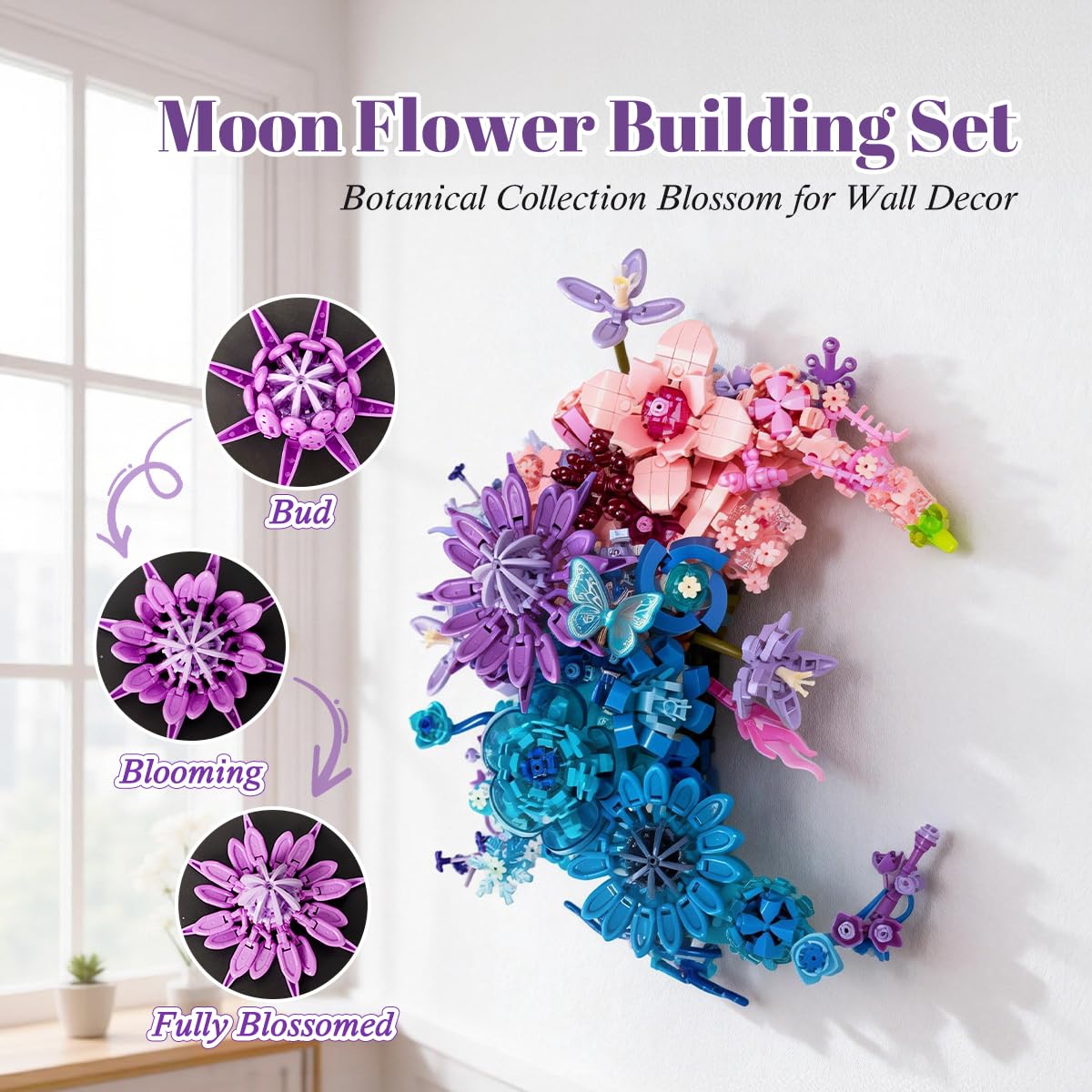 Moon Eternal Flower Decoration Building Set for Adults, 977 Pcs Micro-Particle Crescent-Shaped Artificial Flowers Building Blocks with Built-in Wall-Mounting Holes for Easy Wall Display (JJ9163)