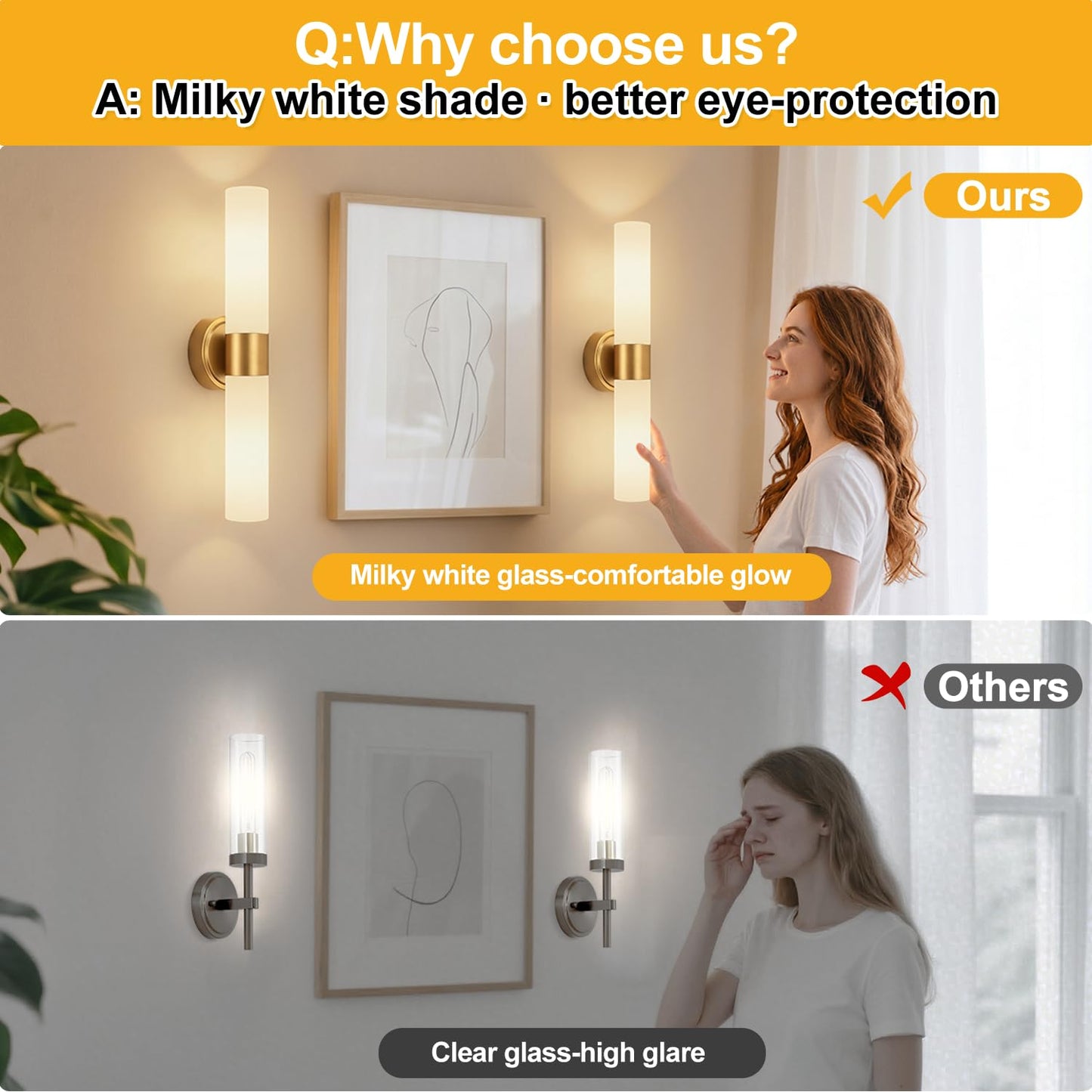 Meybiok Hardwired Wall Sconces Set of Two, Modern Bathroom Sconces Wall Lighting with Milky White Glass, Brushed Gold Sconces Wall Decor Set of 2 for Bathroom Mirror Bedroom Living Room Hallway