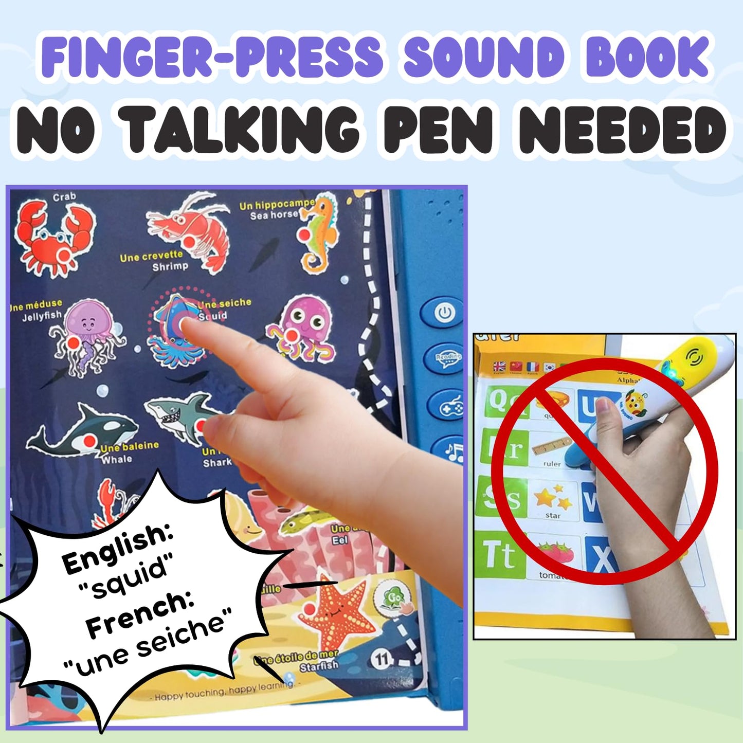 ZeenKind French English Talking Learning Book for Kids 2 3 4 5 6 Years Old, Learn French Interactive Audio Sound Books for Toddlers, Francais Educational Electronic Toys, Bilingual Musical Toy