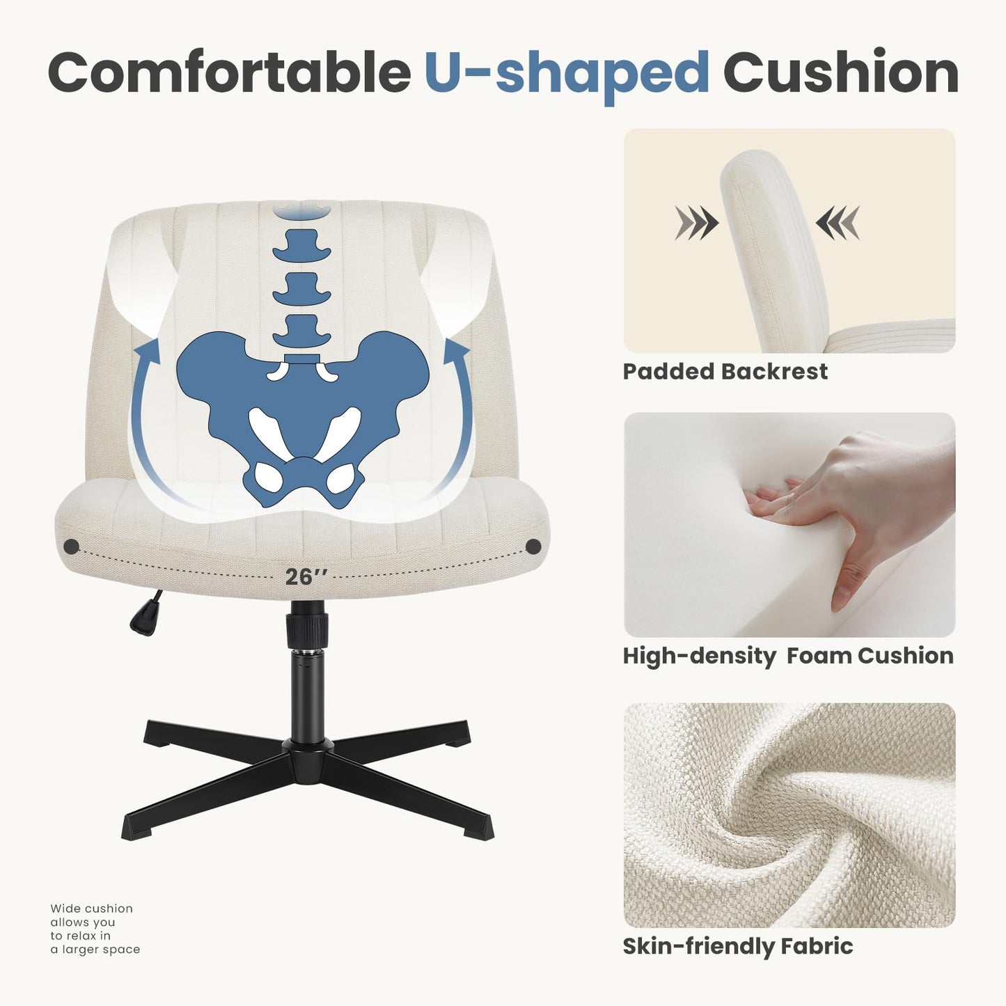 DUMOS Criss Cross Chair No Wheel Legged Office Wide Comfy Desk Vanity Chair, Armless Computer Task Seating PU Leather, Swivel Home Height Adjustable for Bedroom, Study, Beige No Wheel