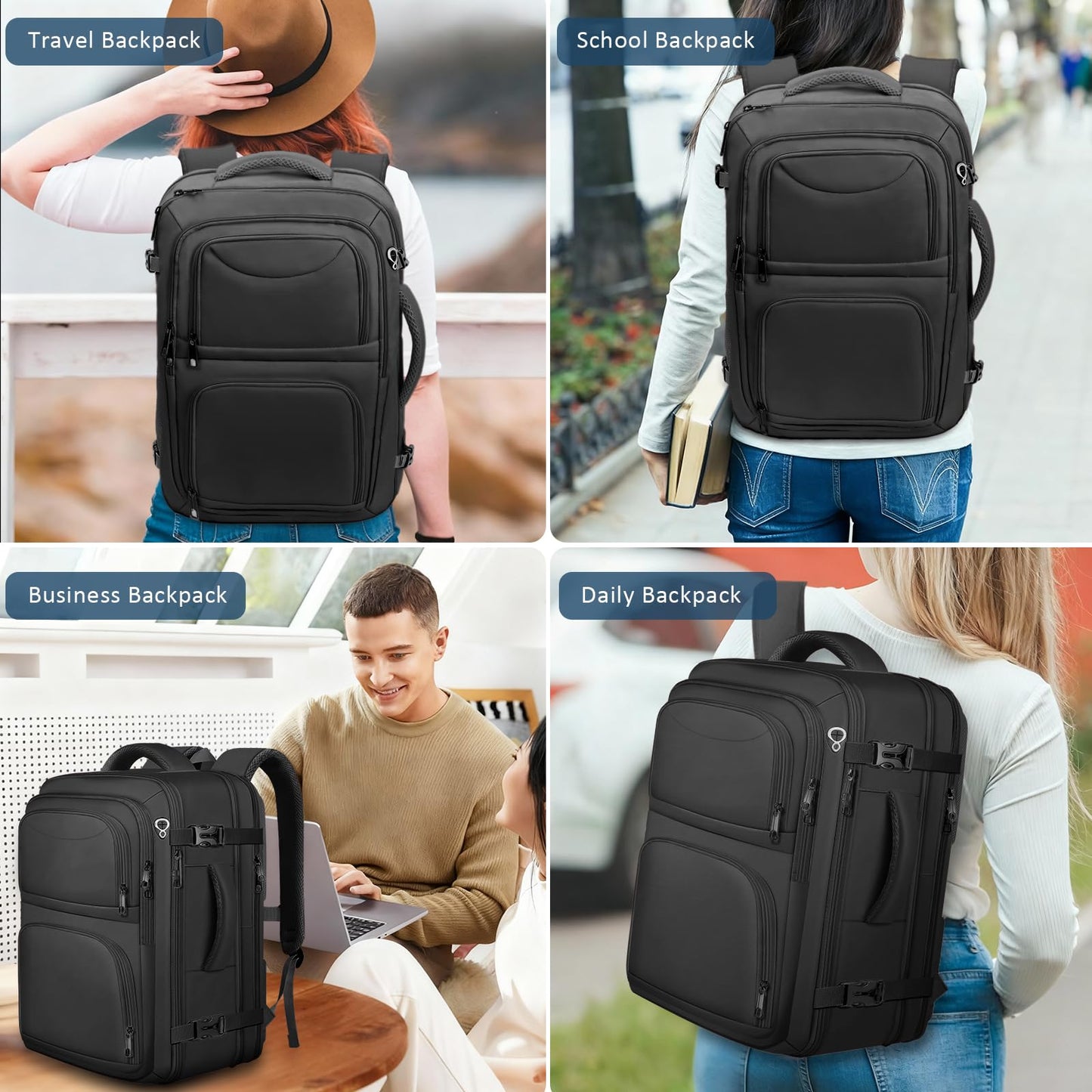 Fxcelets Travel Backpack, Extra Large Travel Backpack, TSA 18.4 inch Laptop Bag Flight Approved, Lightweight Business Luggage Bag, Gifts for Men Women, Black
