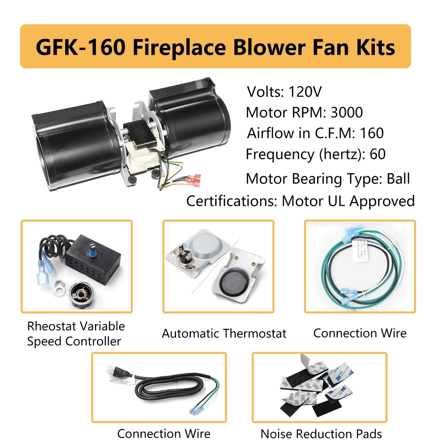 Hongso Pre-Wired GFK-160 GFK-160A BM-1288 Fireplace Blower Fan Kit for Heat N Glo 6000CLX, Quadra Fire 7100, Heatilator, GTI, Fasco, Hearth and Home, Royal, Jakel, Nordica, Regency Wood Stove Insert