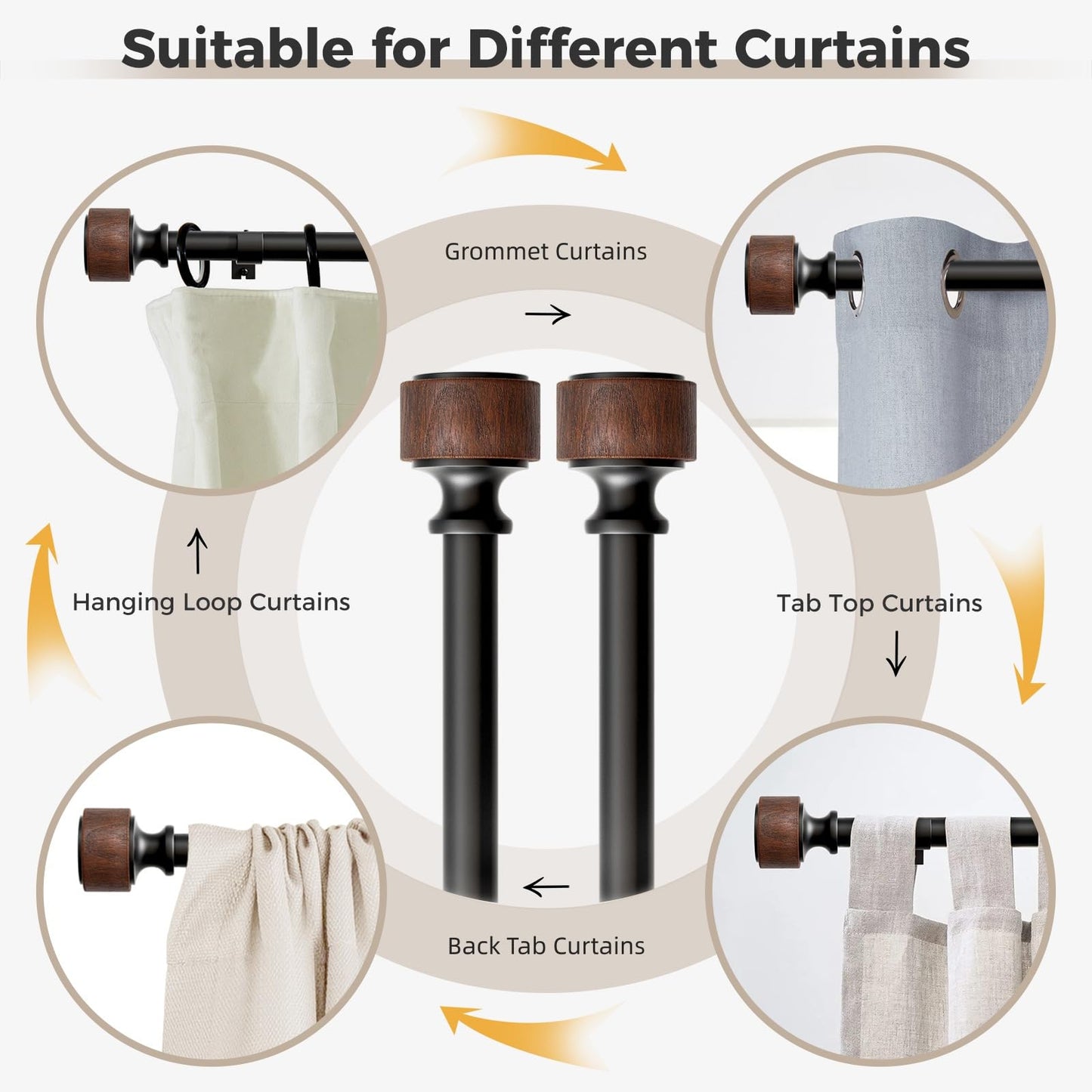 Wood Curtain Rods for Windows 66 to 120 Inch, 1” Diameter Adjustable Curtain Rod with Imitation Wood Grain Finials, Decorative Heavy Duty Drapery Rod Set, Indoor/Outdoor Modern Curtains Rods
