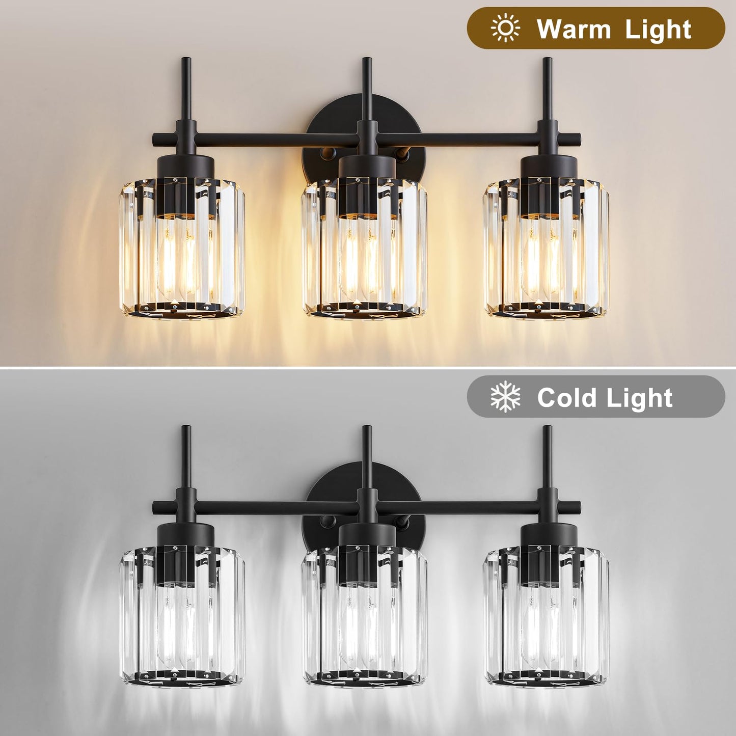 EJIAXIN 3 Light Black Crystal Vanity Light, Modern Bathroom Vanity Light Over Mirror, Up and Down Mount Wall Sconce Lighting for Bathroom Bedroom Living Room Hallway