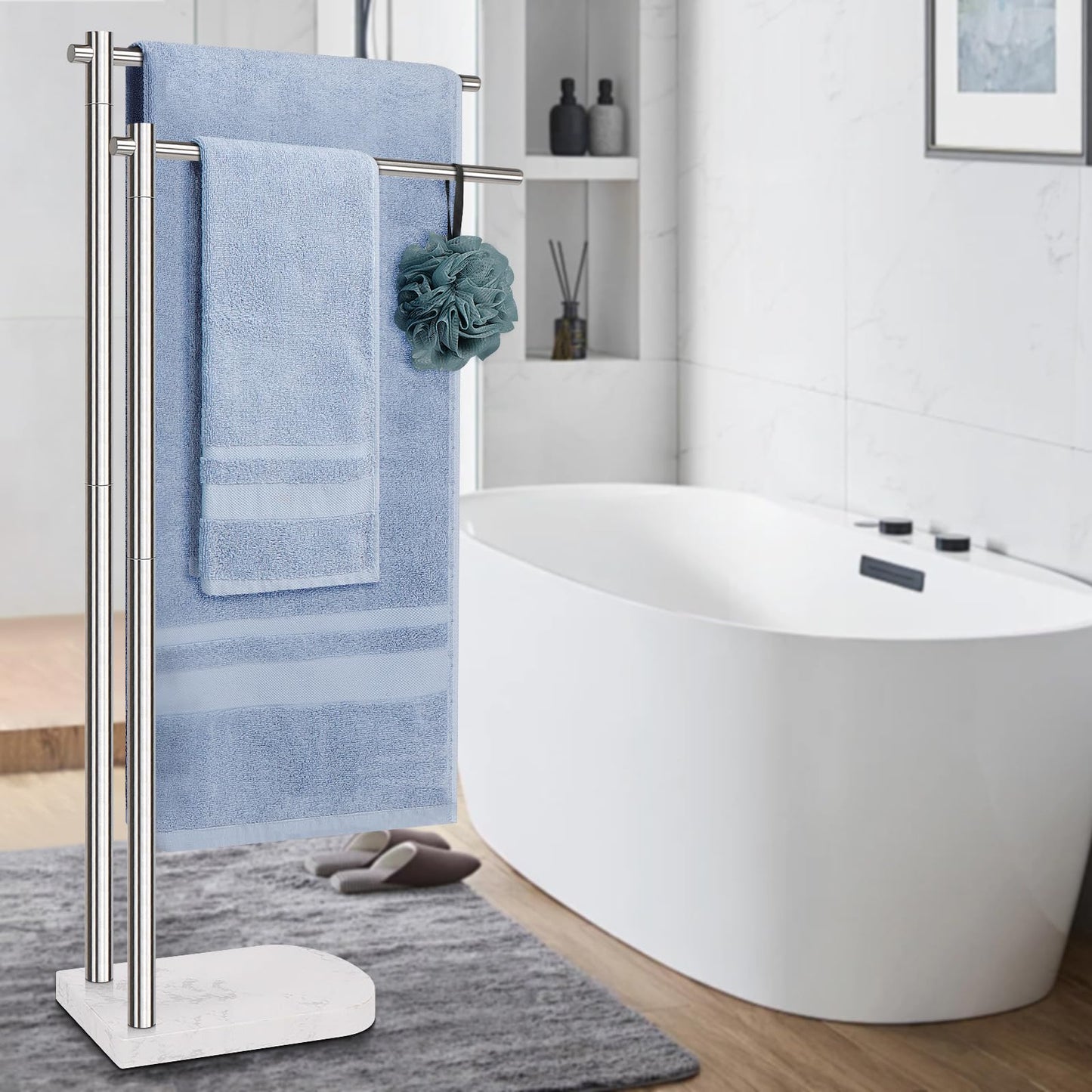 Livabber Standing Towel Rack, 304 Stainless Steel 2-Tier Towel Holder Stand with Marble Base, Modern Stylish Tall Shower Towel Bar for Bathroom Accessories, Pool（Brushed Nickel）