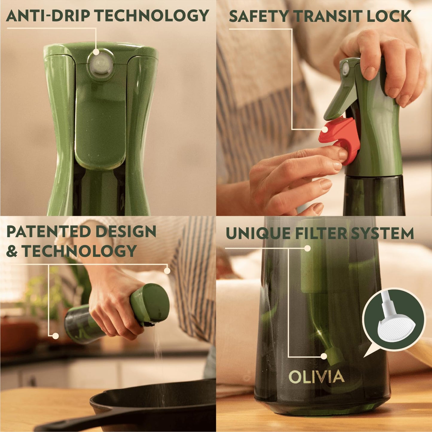 OLIVIA SIGNATURE Advanced Kitchen Oil Sprayer with Flairosol Technology, Fine Mist & Portion Control, Refillable Glass Olive Oil Cooking Spray Bottle for Air Fryer, Salad, BBQ, 2 Pack 200ml (Green)