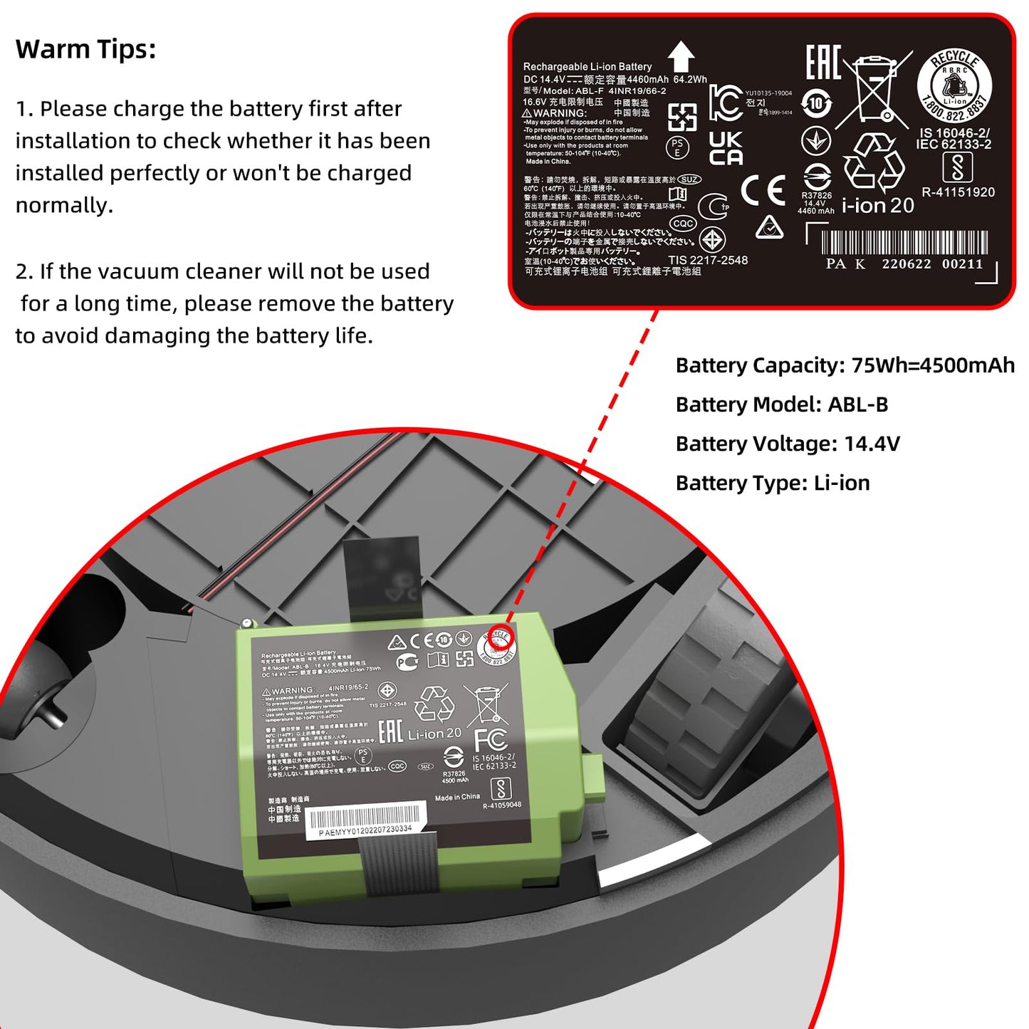 JGTM for Roomba S9 S9+ S9 Plus Battery Replacement, ABL-B Li-ion Batteria Compatible with iRobot S9 9150 9550 S955020 S955880 Vacuum Cleaners High Capacity 16.8V 75Wh 4500mAh