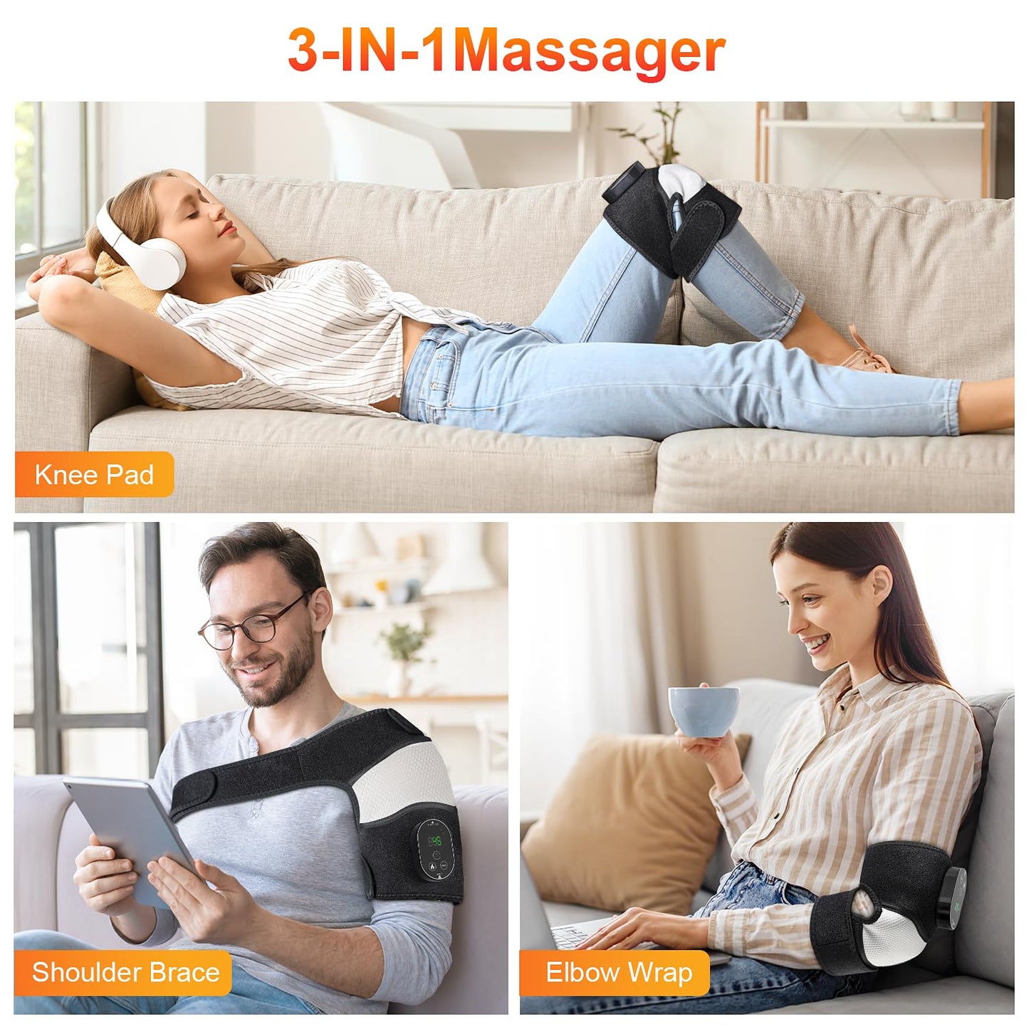YUANBO Electric 3-in-1 Cordless Heated Massager with Heat for Knee Elbow Shoulder Wrap with 3 Vibration & Heating Modes (2 Pack)