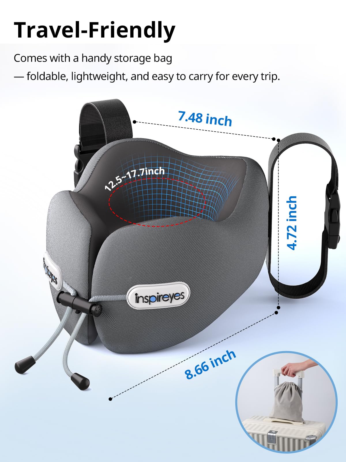 Inspireyes Neck Pillow, Travel Pillow with Seat Strap, 3D Sleep Mask, Dual Support Neck Head, High Supportive Foam Airplane Pillow for Long Flight, Stop Bobblehead Travel Essential, Light Grey