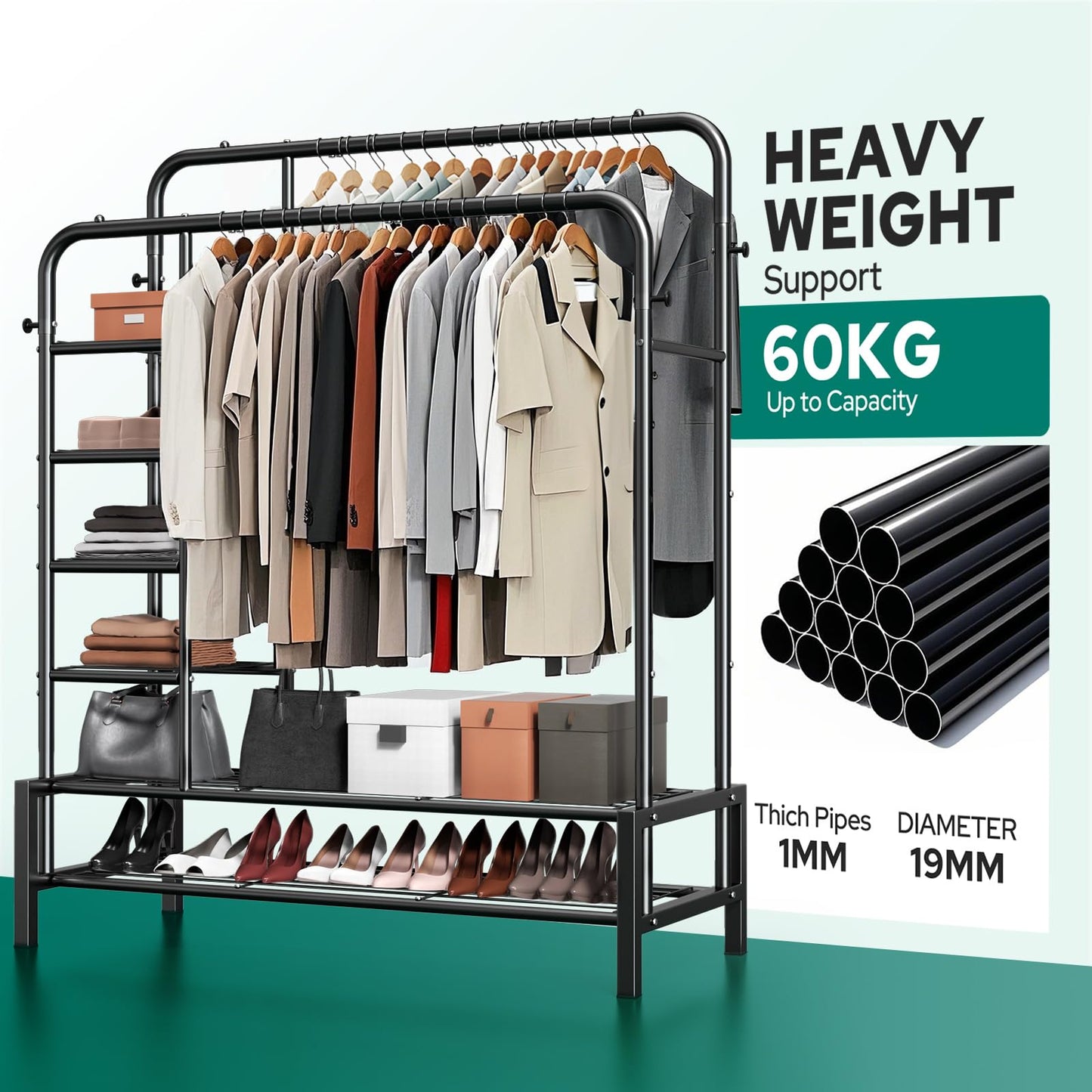 ZHKINGGS Clothes Rack, Double Rods Clothing Rack with 2 Bottom Shelves & 4 Side Shelves, Metal Garment Rack for Hanging Clothes, Heavy Duty Clothes Rack for Bedroom, Laundry, Living Room, Black