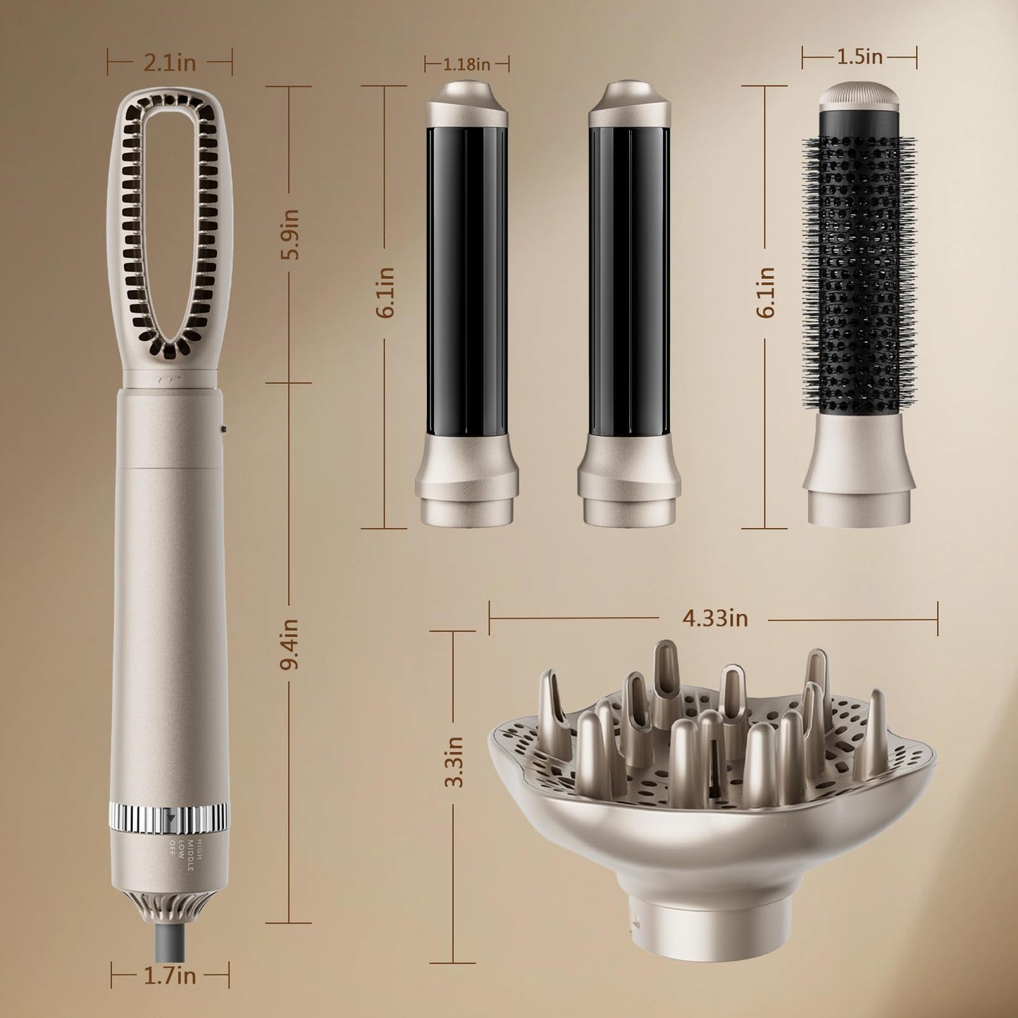 Bo'laiya 5-in-1 Hot-Air Brushes Brush for Straightening, Curling & Styling, Detachable & Interchangeable Brush Head, Negative Ionic Technology, for All Hair Types,Protective Glove Included
