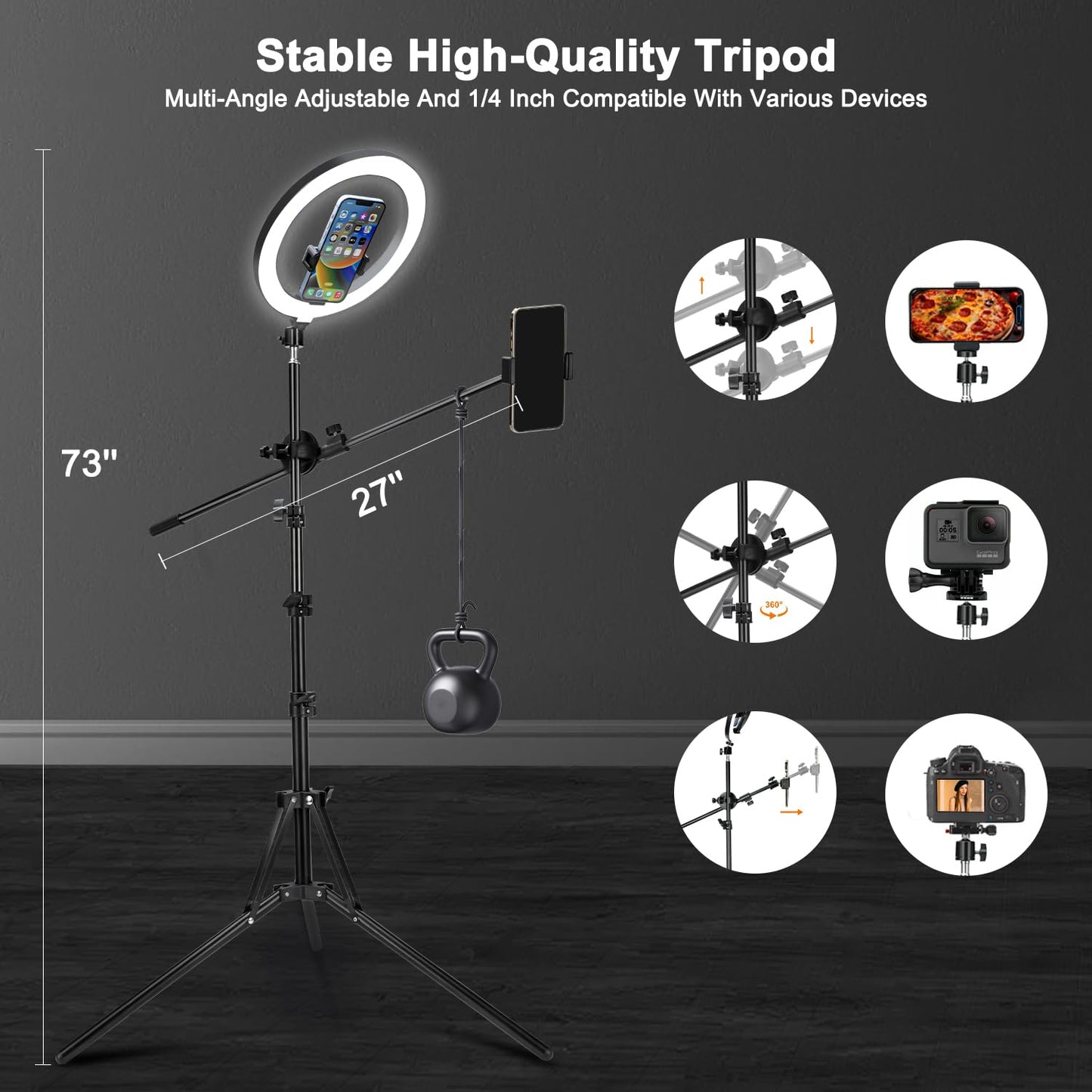 OYTKRD 10'' Ring Light Tripod for iPhone, Selfie Ring Light with Stand for iPhone, Overhead Phone Mount with Light, Phone Light for Cooking Videos/Live Streaming/Video Recording