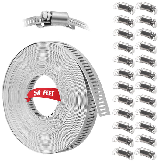 Dianrui DIY Hose Clamps 50FT 304 Stainless Steel Metal Strap + 24PCS Stronger Fasteners Assortment Kit Softsteel Large Adjustable Pipe Clamps Band Clamp for Pipe Automotive Mechanical