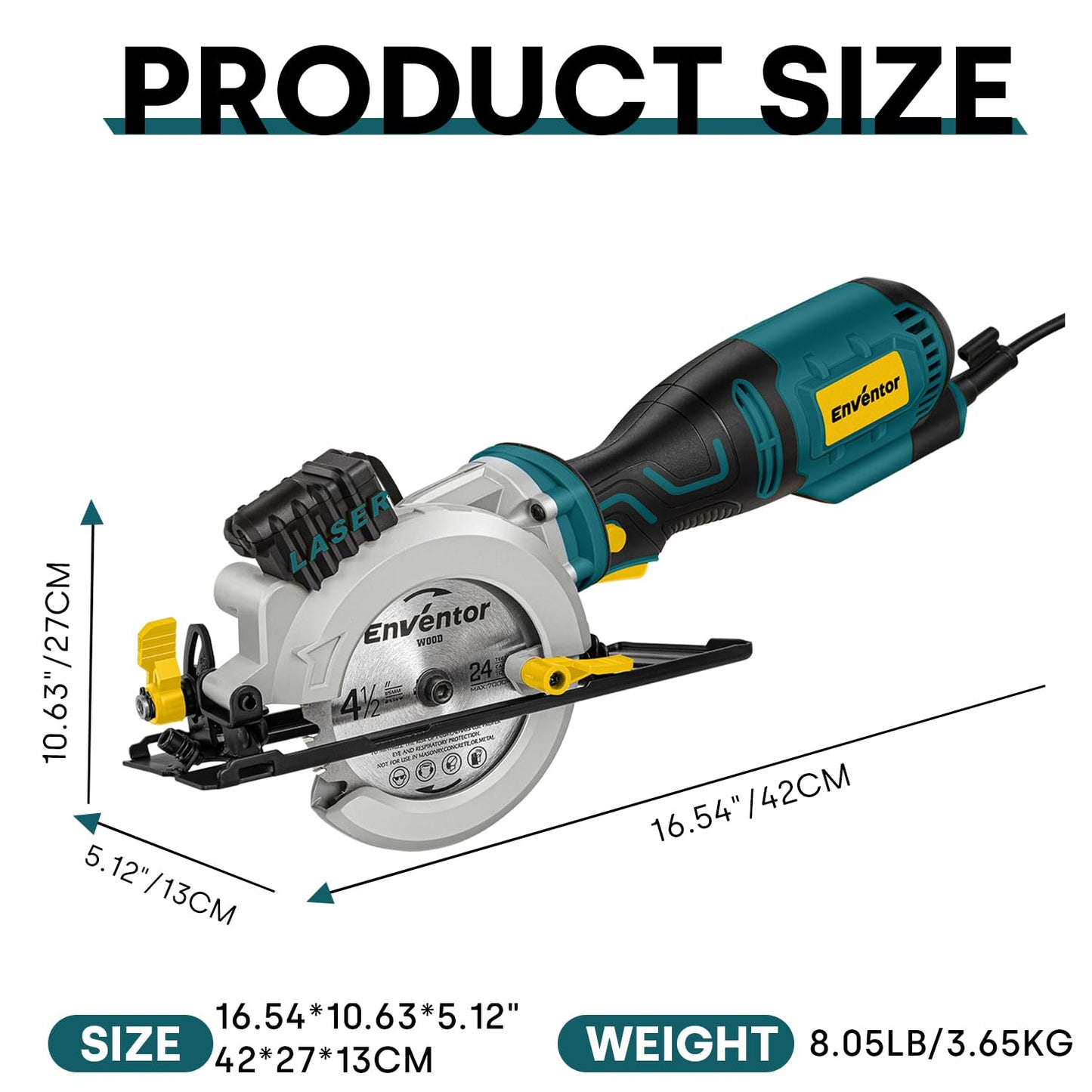 Enventor Mini Circular Saw, 5.8A 4-1/2" Electric Circular Saws with 6 Saw Blades, Laser Guide, Max Cutting Depth 1-11/16"(90°), 1-1/8"(45°) for Soft Metal, Wood, Tile, Drywall, Plastic Cutting