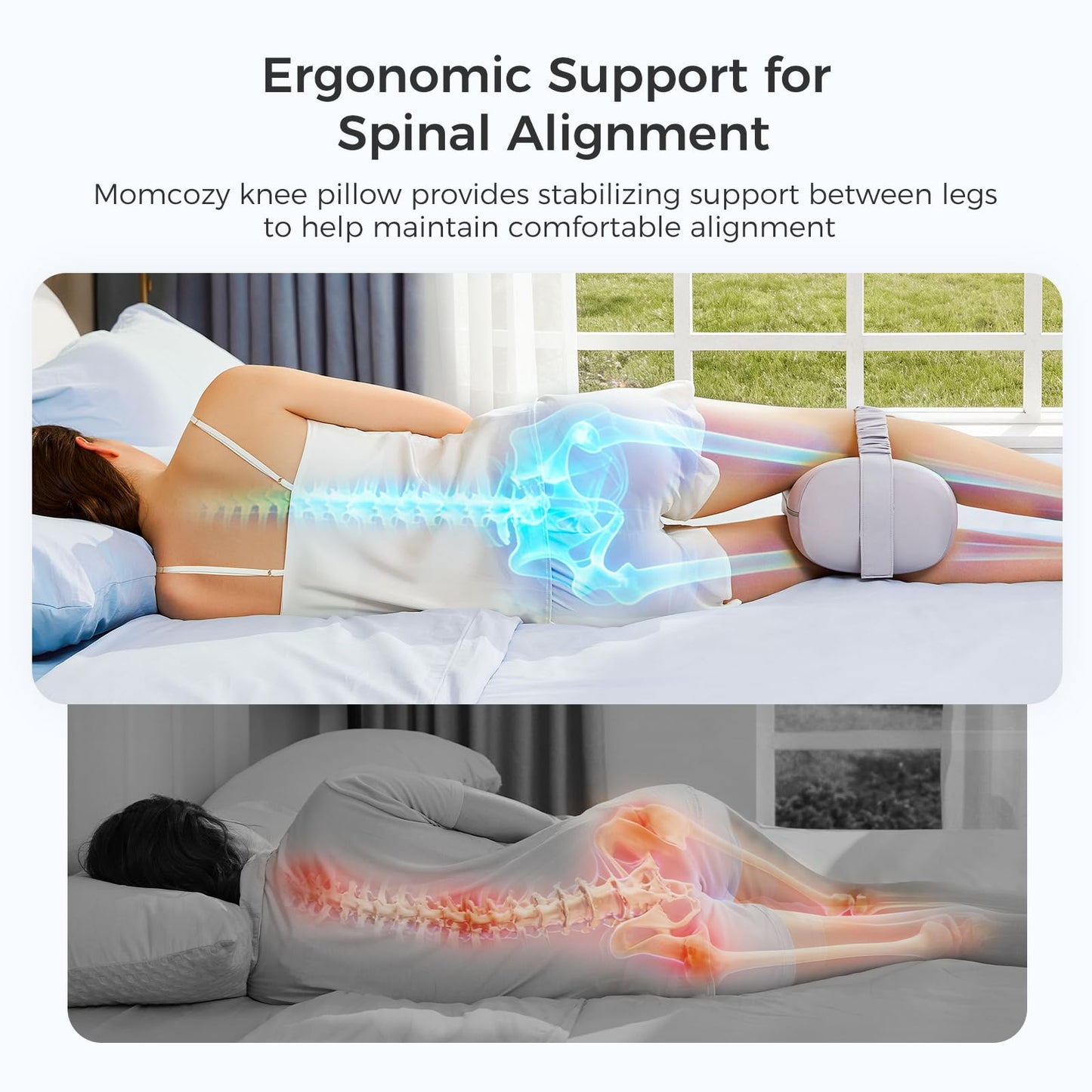 Momcozy Knee Pillow for Side Sleepers, Soft Memory Foam & Pinch-Free Design, Relieve Knee, Leg and Sciatica Pain, Adjustable Elastic Strap Ideal for Pregnant Women and Seniors, Cooling Cover, Gray