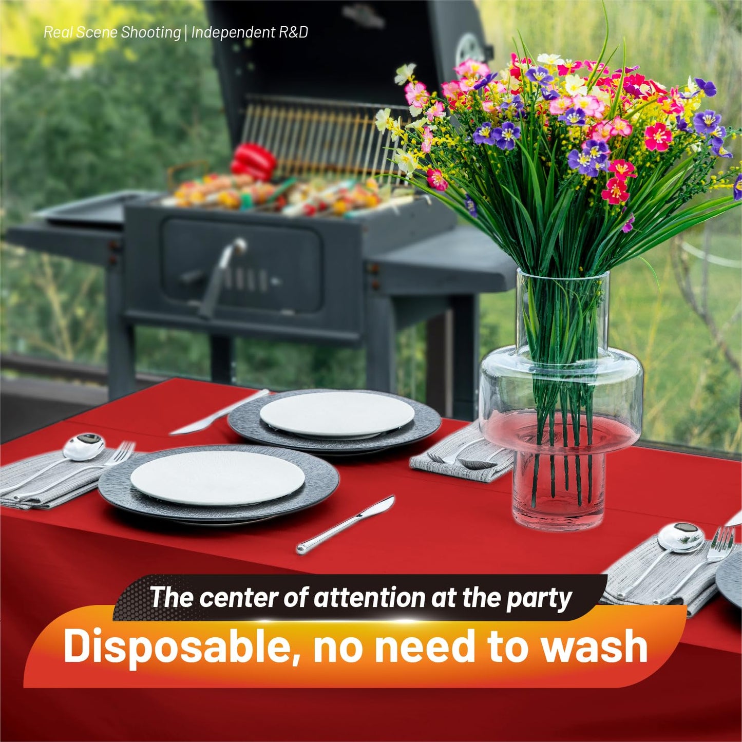 Plastic Table Cloth, 310 Ft X 54 in Disposable Tablecloth Red Tablecloth Premium PEVA Plastic Table Cloth Disposable with Any Cut Sliding Cutters for Picnics, Parties, Birthdays, Festivals
