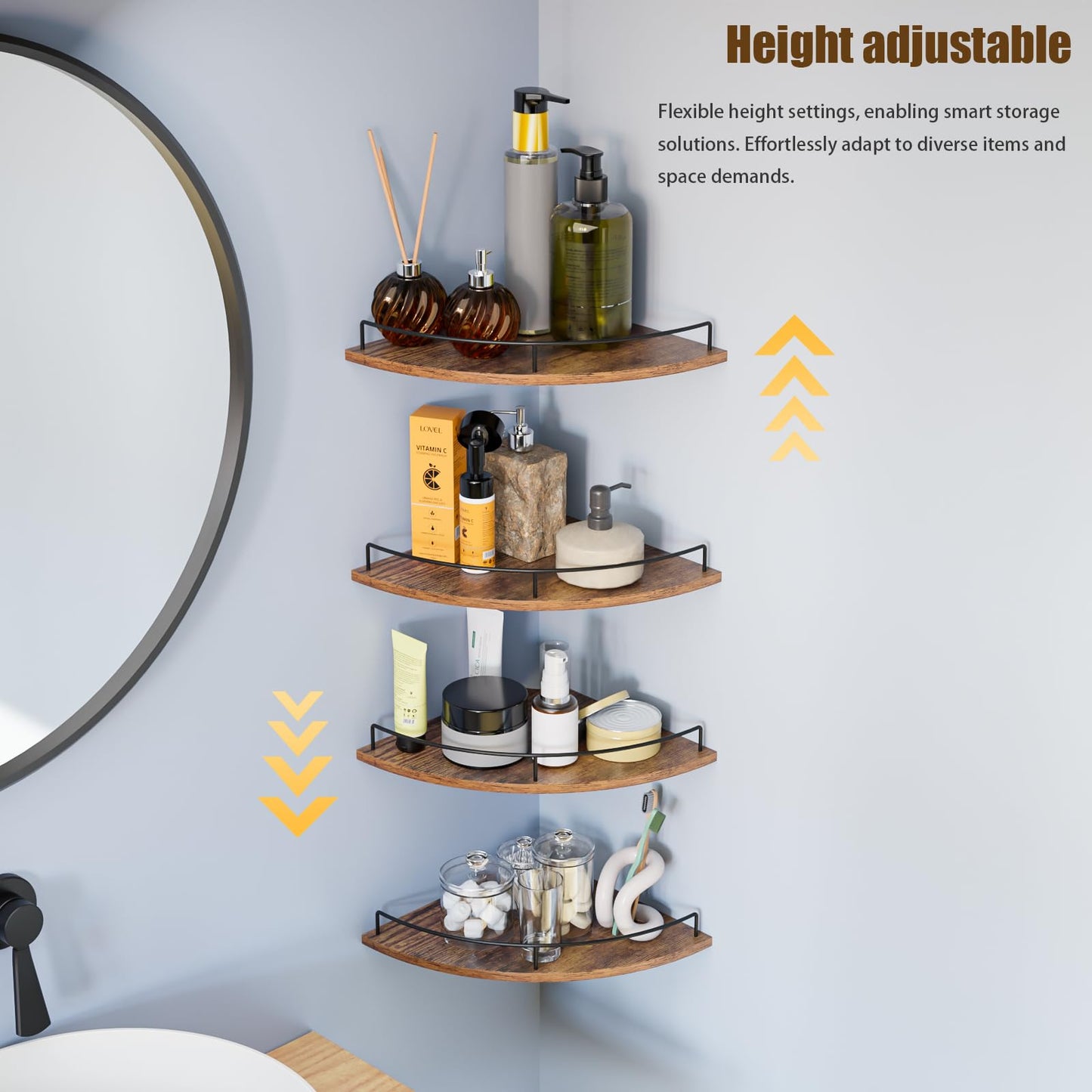 FNBAR Corner Shelf Wall Mount, Floating Corner Shelves, Set of 4 Corner Wall Shelf Organizer,Rustic Wood Wall Storage Display Shelves forLiving Room Bedroom Bathroom Kitchen
