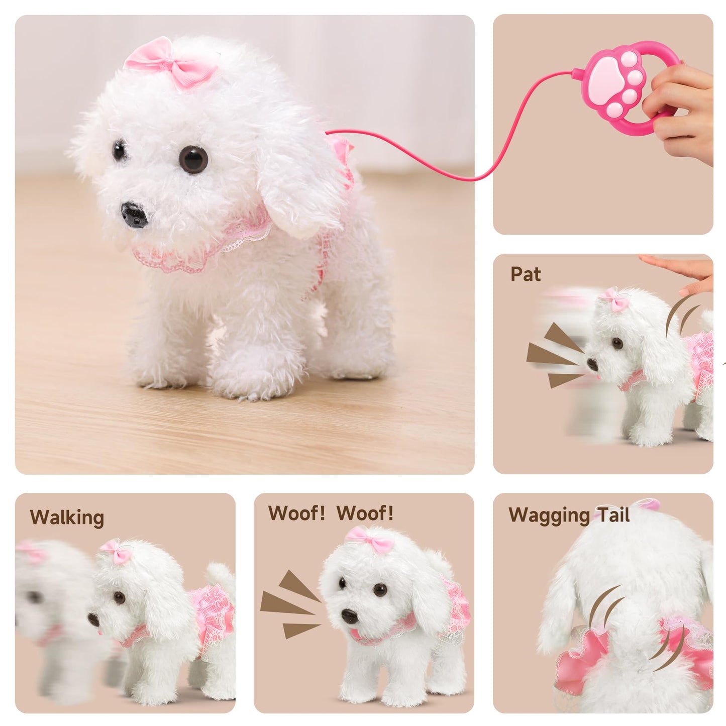 OR OR TU Walking Barking Toy Dog with Remote Control Leash, Plush Puppy Electronic Interactive Toys for Kids, Shake Tail,Pretend Dress Up Realistic Stuffed Animal Dog Age 3 4 5+ Years Old Best Gift