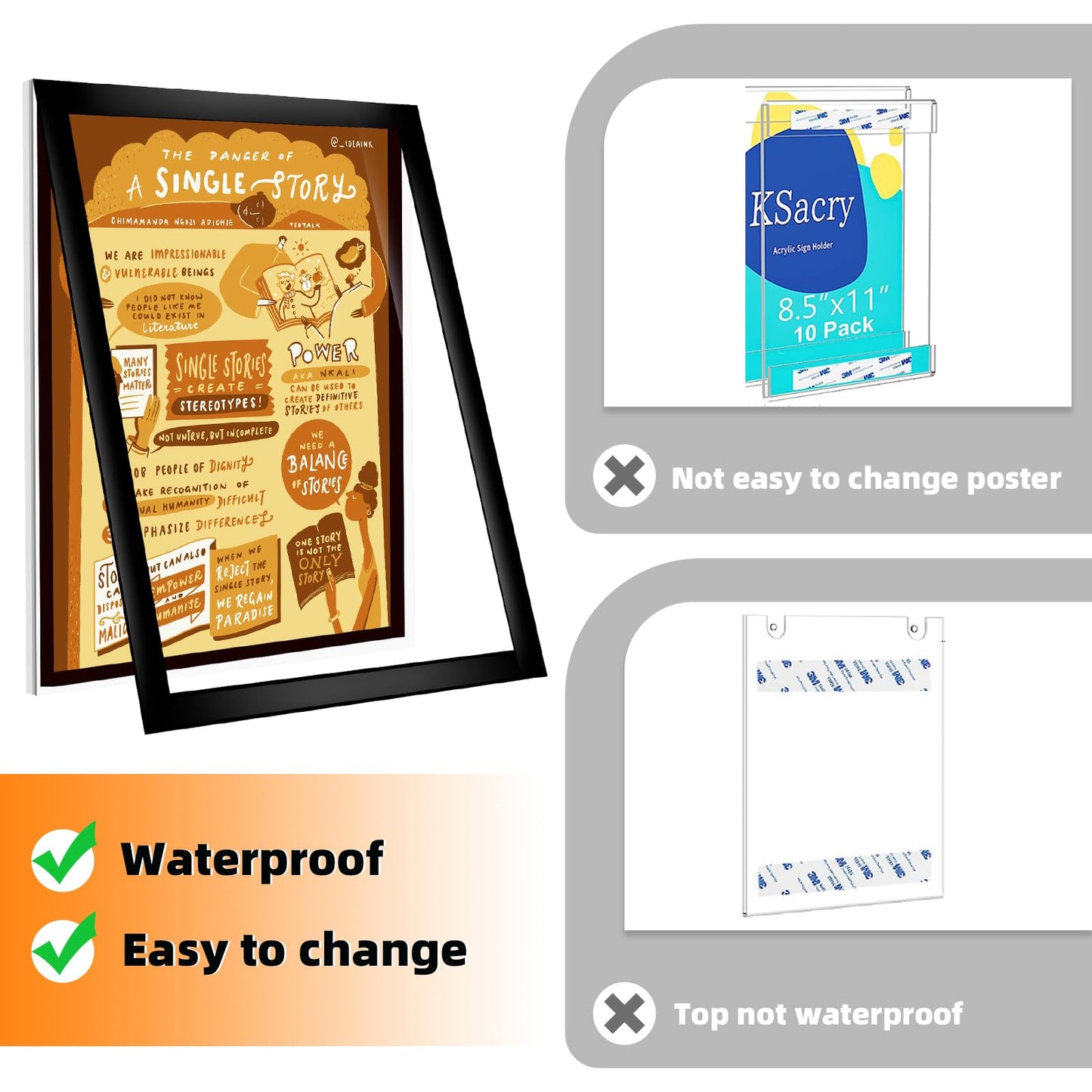 PUJIANG 6 Pack Acrylic Sign Holder 8.5x11 Wall Mount,Clear Wall Sign Holder with Tape,Horizontal & Vertical Display,Plastic Sign Holder for Wall Door Glass Window Fridge-No Drilling