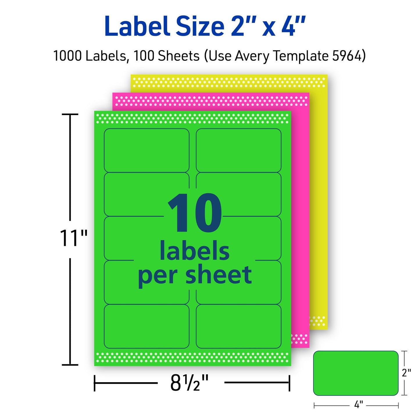 Avery Printable Shipping Labels with Sure Feed, 2"x 4", Assorted Neon Colors (Magenta, Green, and Yellow), Laser & Inkjet Compatible, 1,000 Blank Labels Total (5964)