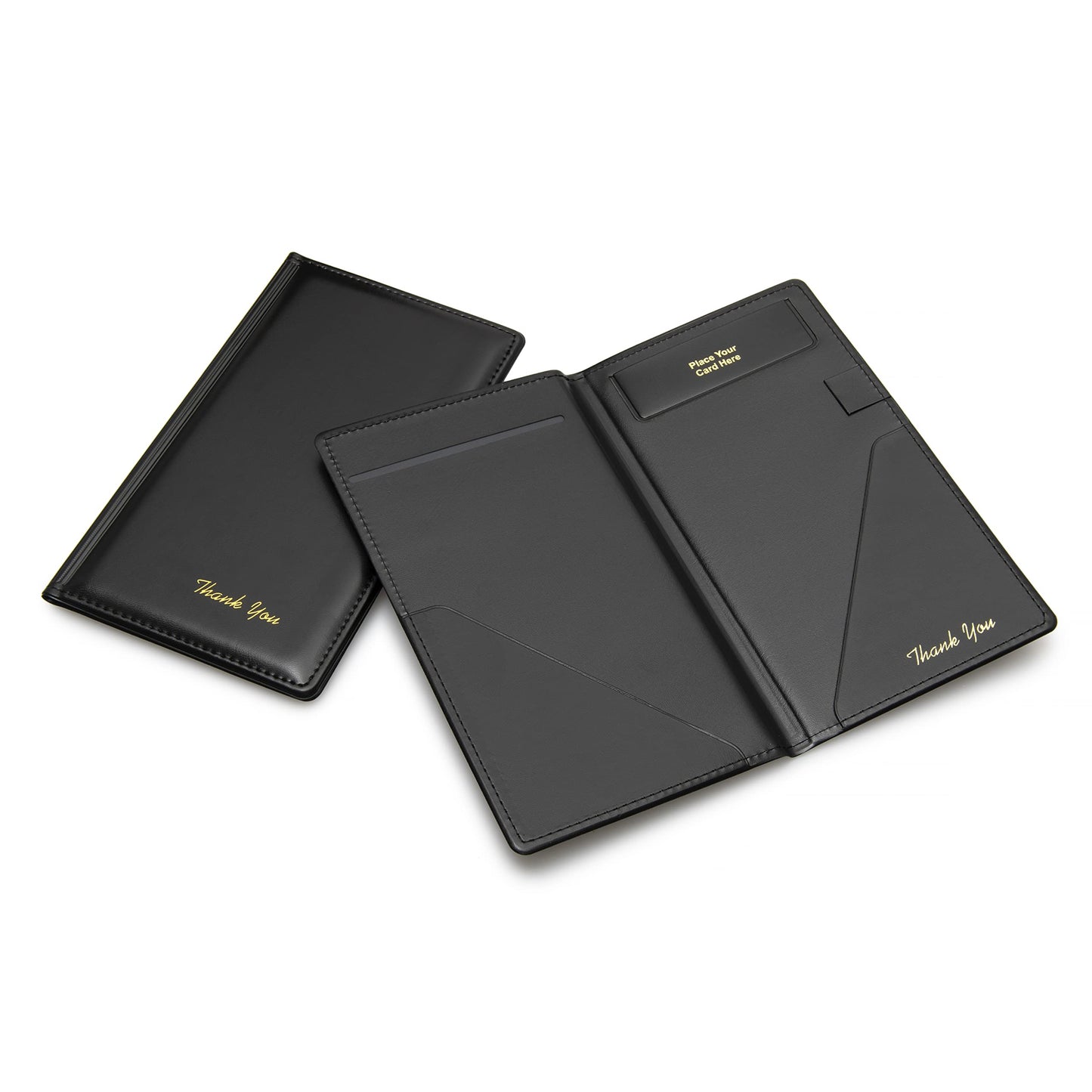 Beatherly Premium Restaurant Check Presenters - 20 Pack - 5.25" x 9" Guest Check Card Holder, Restaurant Supplies for Servers, Waiter, Waitress, Bar, Black with Gold Thank You and Hand Stitched Cover