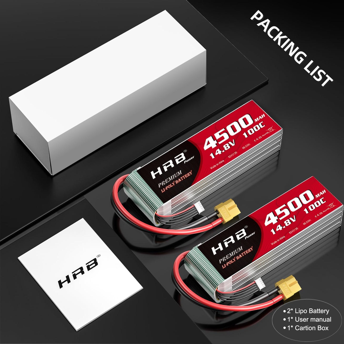 HRB 2packs 4S Lipo Battery XT60 4500mAh 100C 14.8V RC Lipo Battery Compatible with RC Car RC Plane RC Truck RC Boat