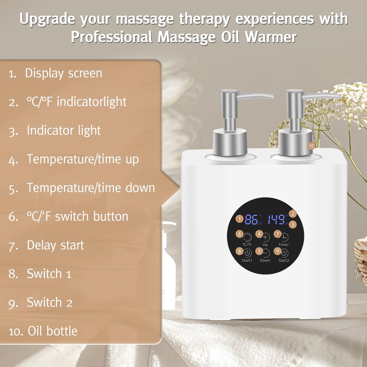 Meifuly Massage Oil Lotion Warmer Double Bottles for SPA Massage Therapy & Personal Use, Fast Oil Cream Lotion Warmer Heats Up, with 4 Oil Bottles Dispenser, Adjustable Constant Temperature