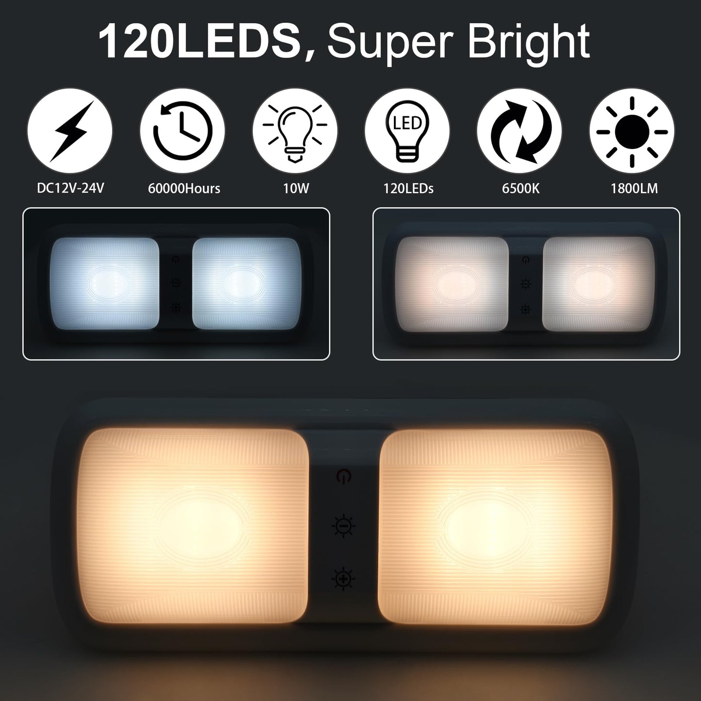 Miady RV Dimmable Lights Interior 1800 LM, 3 Color Temperature and 5 Levels of Brightness, 12V Volt Led Light for Camper/Car/Trailer/Boat (Warm Natural Cool White), Pack of 5