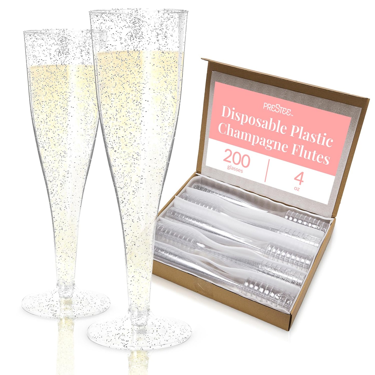 Prestee 200 Disposable Champagne Flutes Plastic 200 Pack - Silver Glitter Champagne Flutes for Weddings, Parties, and New Year’s Eve - 4.5 Oz Plastic Silver Party Glasses