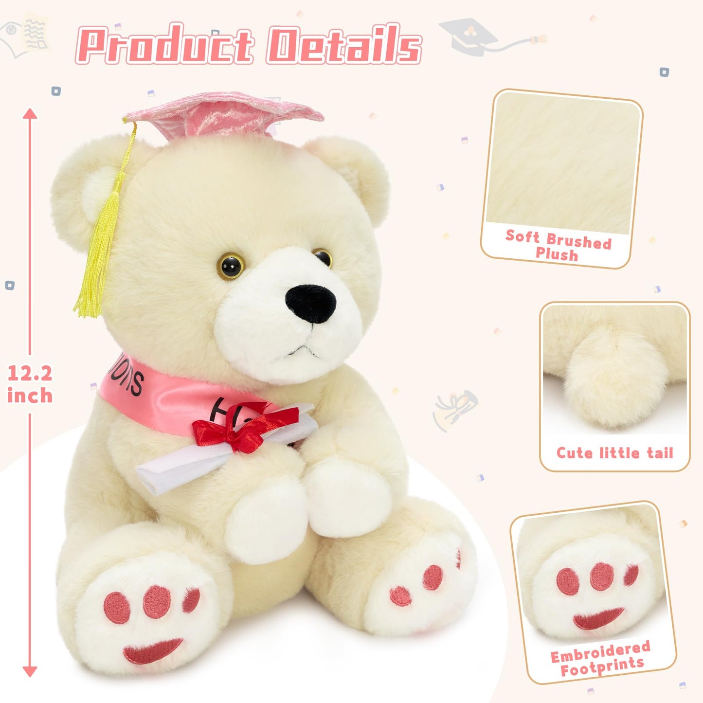 MorisMos Graduation Teddy Bear Stuffed Animal 2026, 12inch Graduation Bear Plush with Cap, Diploma and Congrats Sash, Graduation Gift for Graduates Kindergarten Middle School College, Beige, Pink