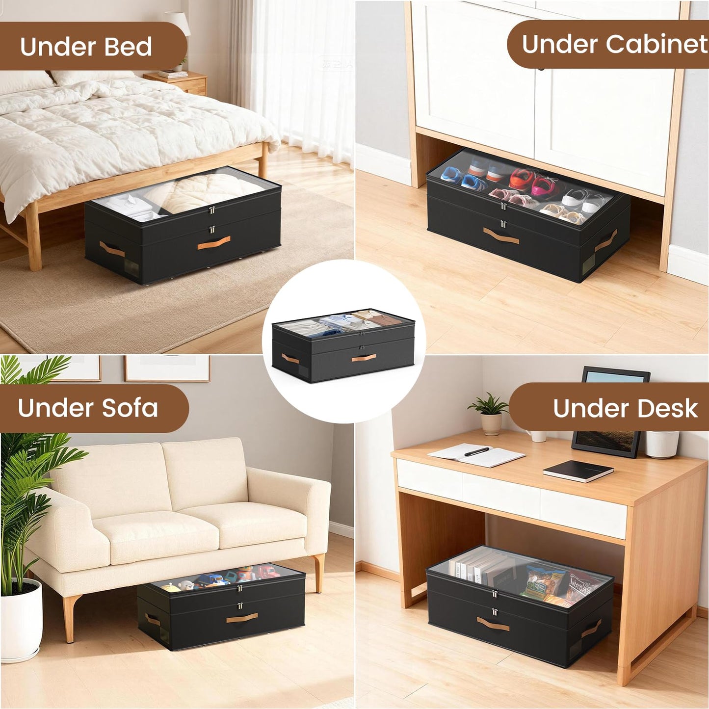 Under Bed Storage with Wheels, 2-Pack Underbed Storage Containers, No Assemble 11 inches 90L XXL Large Adjustable Storage Bins with Clear Lids, Rolling Storage for Clothes, Shoes, Blankets, Black