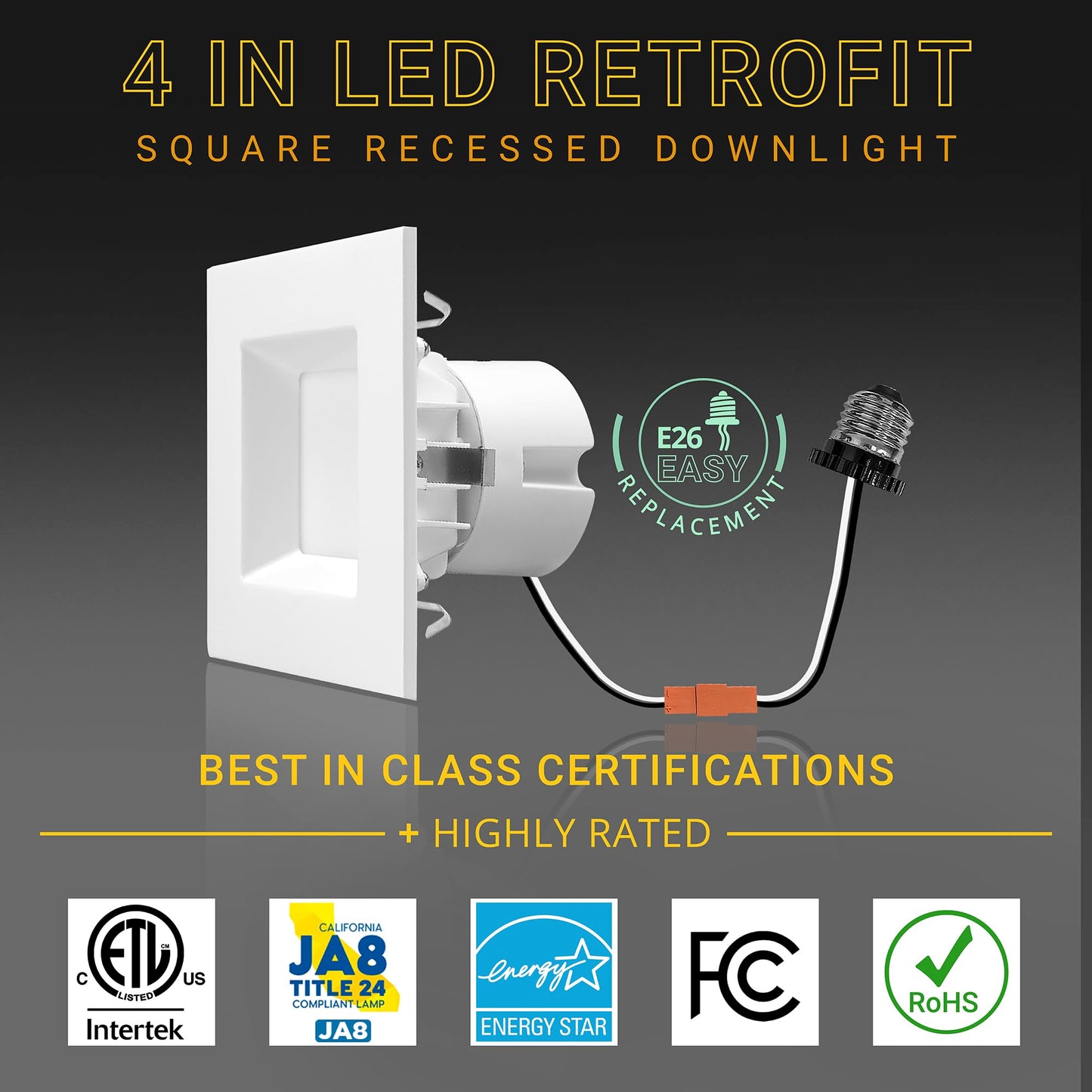 NUWATT 4 Pack, 4 Inch Retrofit LED Square Recessed Lighting, 5CCT 2700K/3000K/3500K/4000K/5000K Selectable, 750 Lumens 11W, Dimmable Ceiling Light, White Square Trim Can Light, Wet Rated, ETL Listed