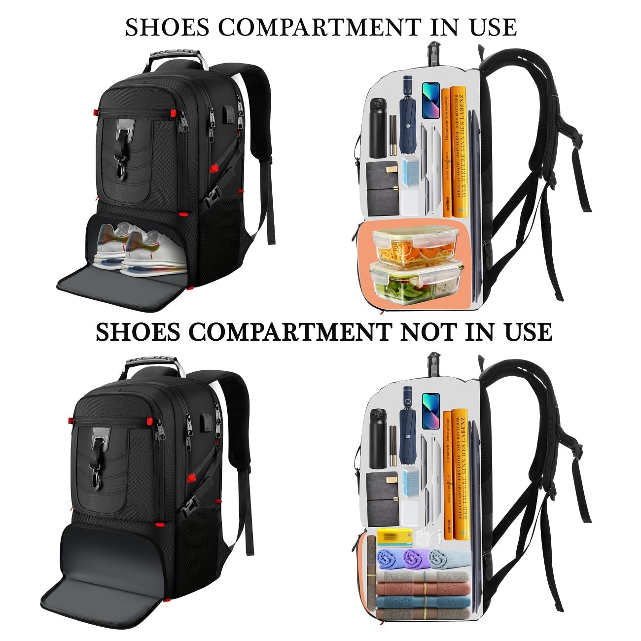 18.4in Men Laptop Backpack with Shoe Compartment for Gym Hiking Business,Large Carry On Travel Bag with PC Compartment,Waterproof College Bookbag School Backpack for Women,Black