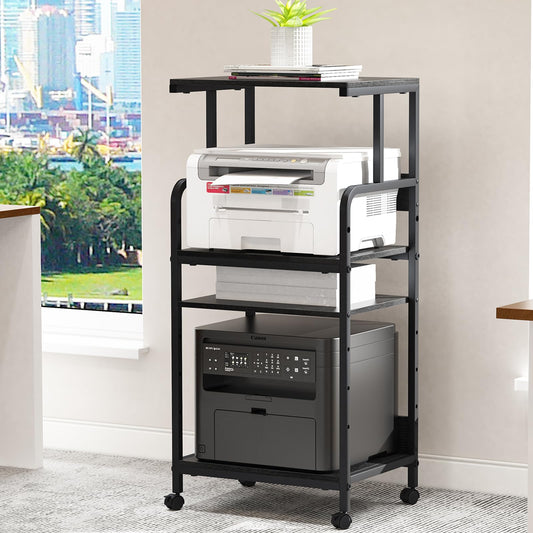 Arbuxzuy 4 Tier Stand with Storage Shelf, Tall Mobile Printer Table for Home Office, Adjustable Stands for Heat Press Scanner Fax (Black)