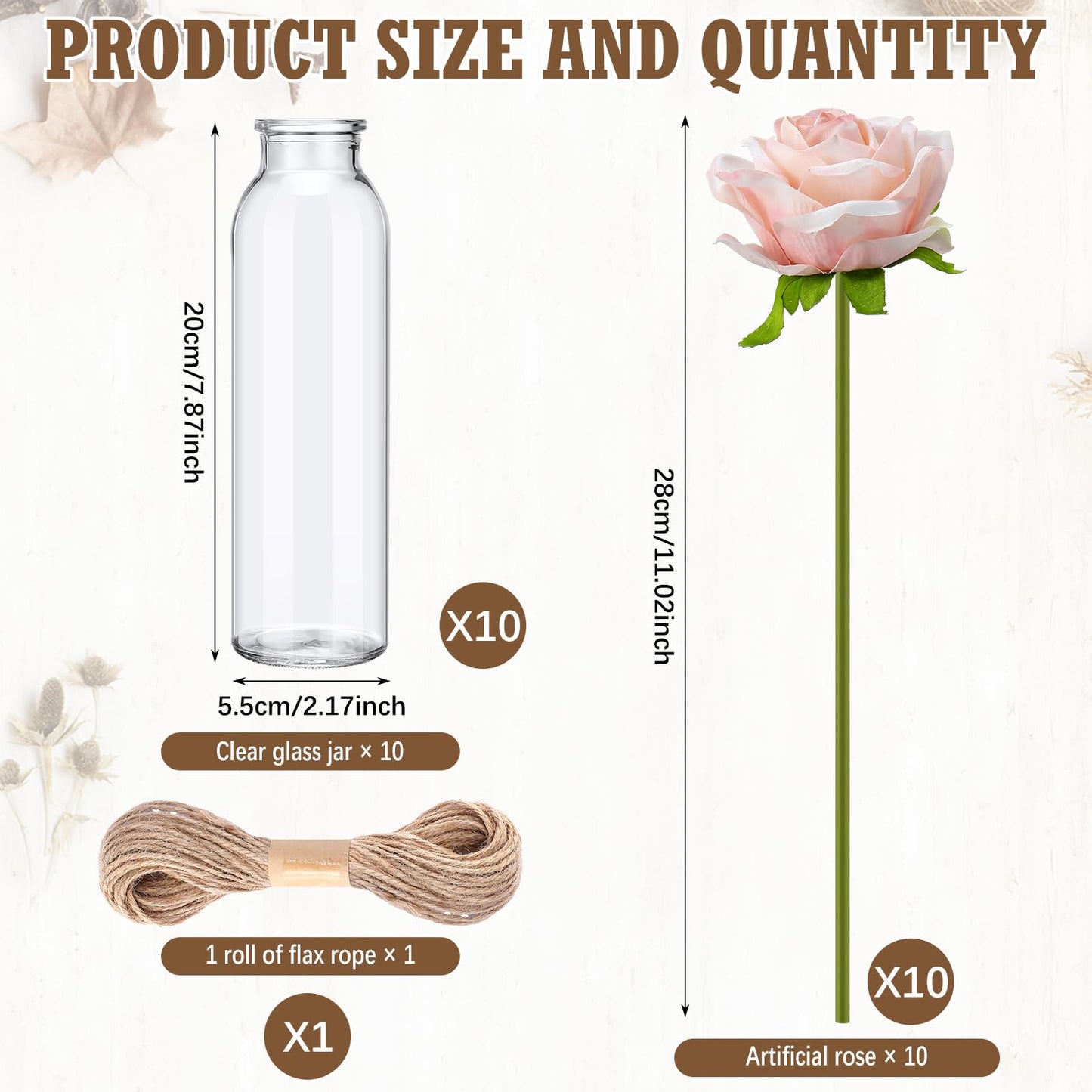 Qinyoung 10 Set Dried Pampas Grass Centerpiece for Wedding Baby Shower Party 10 Glass Flower Jars 10 Artificial Roses 80 Dried Pampas Grass with Rope for Rustic Bridal Farmhouse Decoration(Pink)