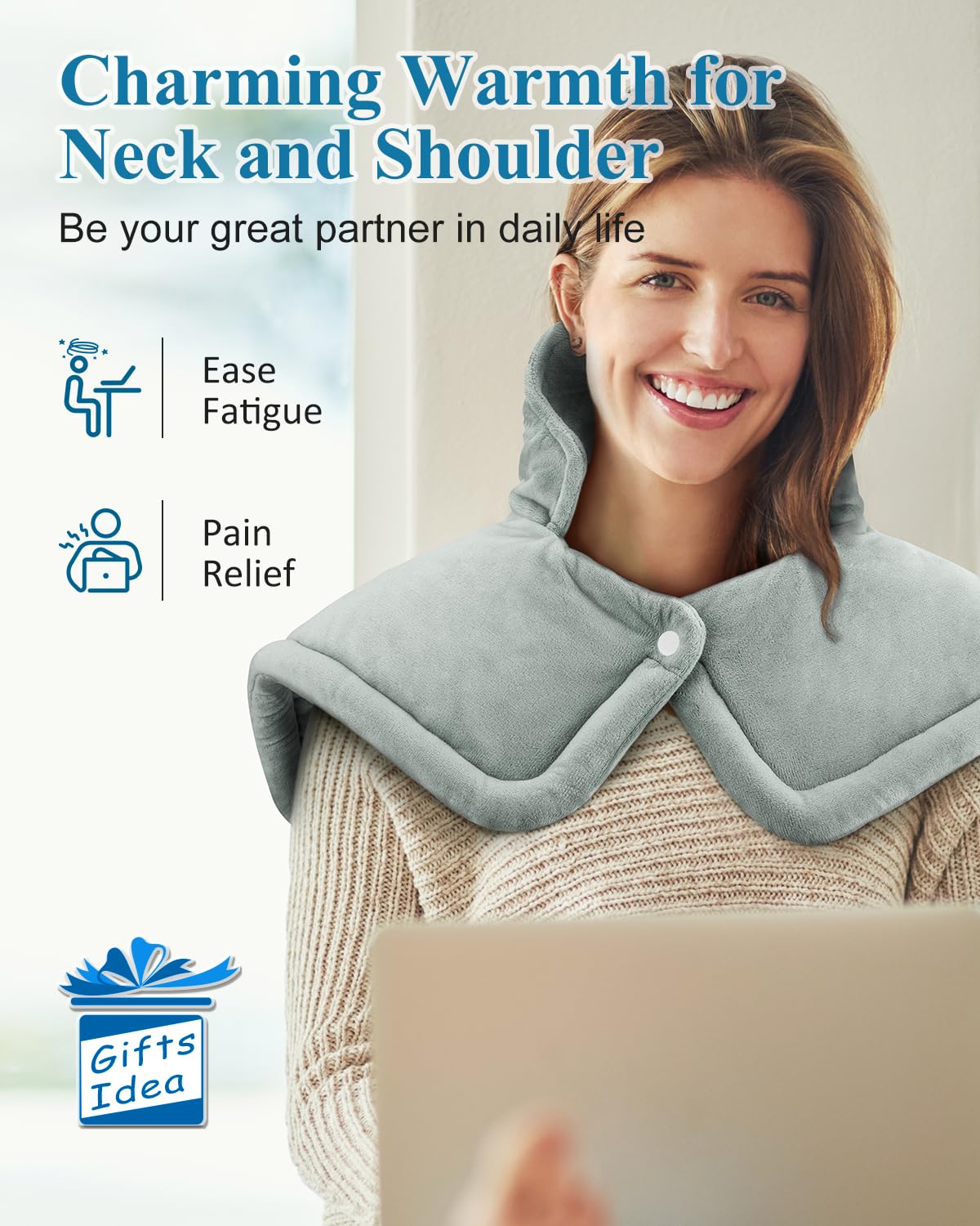 Heating Pad for Neck and Shoulder, Birthday Gifts for Men Women Mom Dad, Electric Heating Pad for Back Pain Relief, Grey
