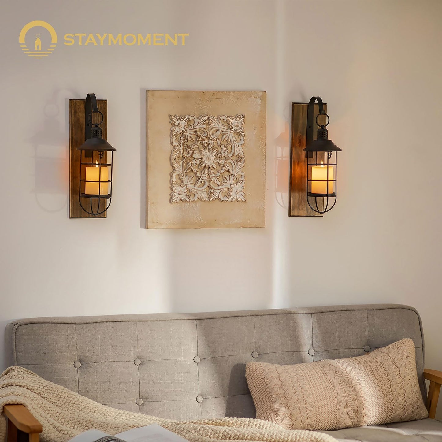 Staymoment Wall Sconces Candle Holder: Set of 2 Farmhouse Wall Lantern Decor Wood Brown Decorations Indoor for Living Room Front Door Porch