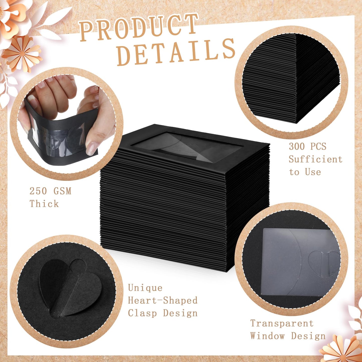 Uiifan 300 Pcs Window Gift Card Envelopes 4 x 2.8 Inch Gift Card Sleeves Mini Envelopes with Heart Shaped Clasp for Business Party Invitation (Black)
