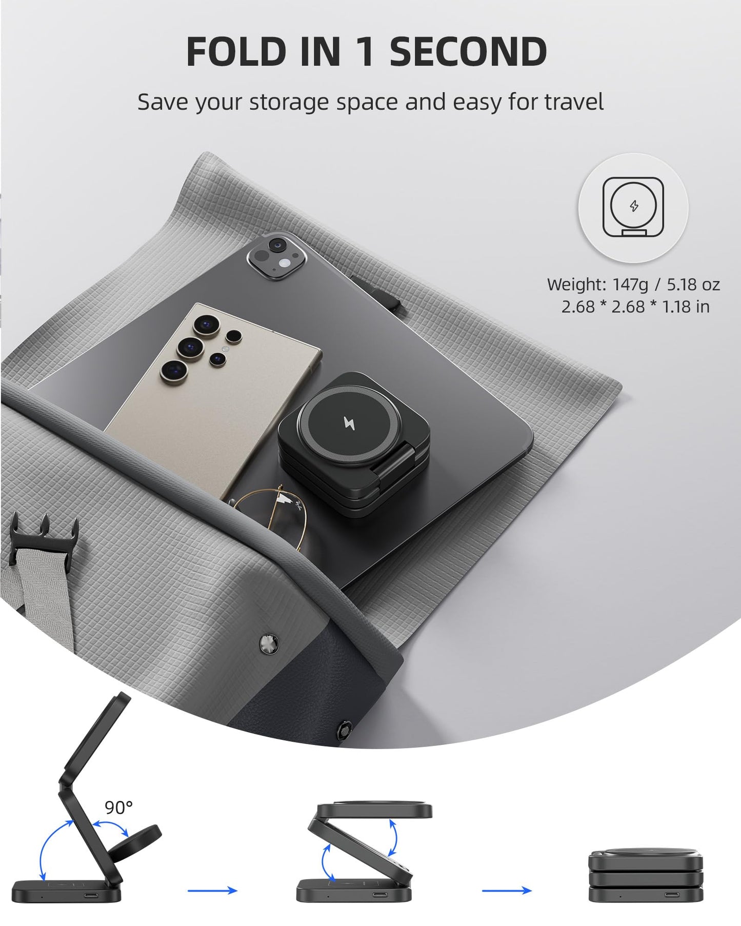 Foldable 3 in 1 Wireless Charging Station for Samsung, KU XIU X55 Ultra Magnetic Travel Charger Stand for Galaxy S24 Ultra S23 S22 Note 20 Z Fold Flip 6 5, Galaxy Watch Ultra 7 6 5, Galaxy Buds, Black