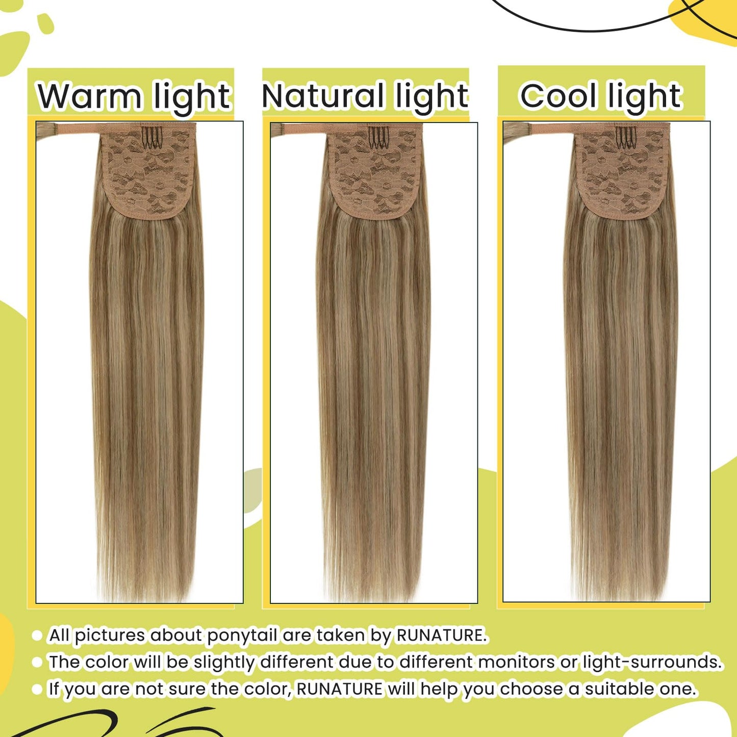 RUNATURE Human Hair Ponytail Extension Blonde Ponytail Hair Extension Ponytail Dark Blonde Highlight Caramel Blonde Short Ponytail Human Hair Extensions Straight Pony Tails Hair Extension 12 Inch 70g
