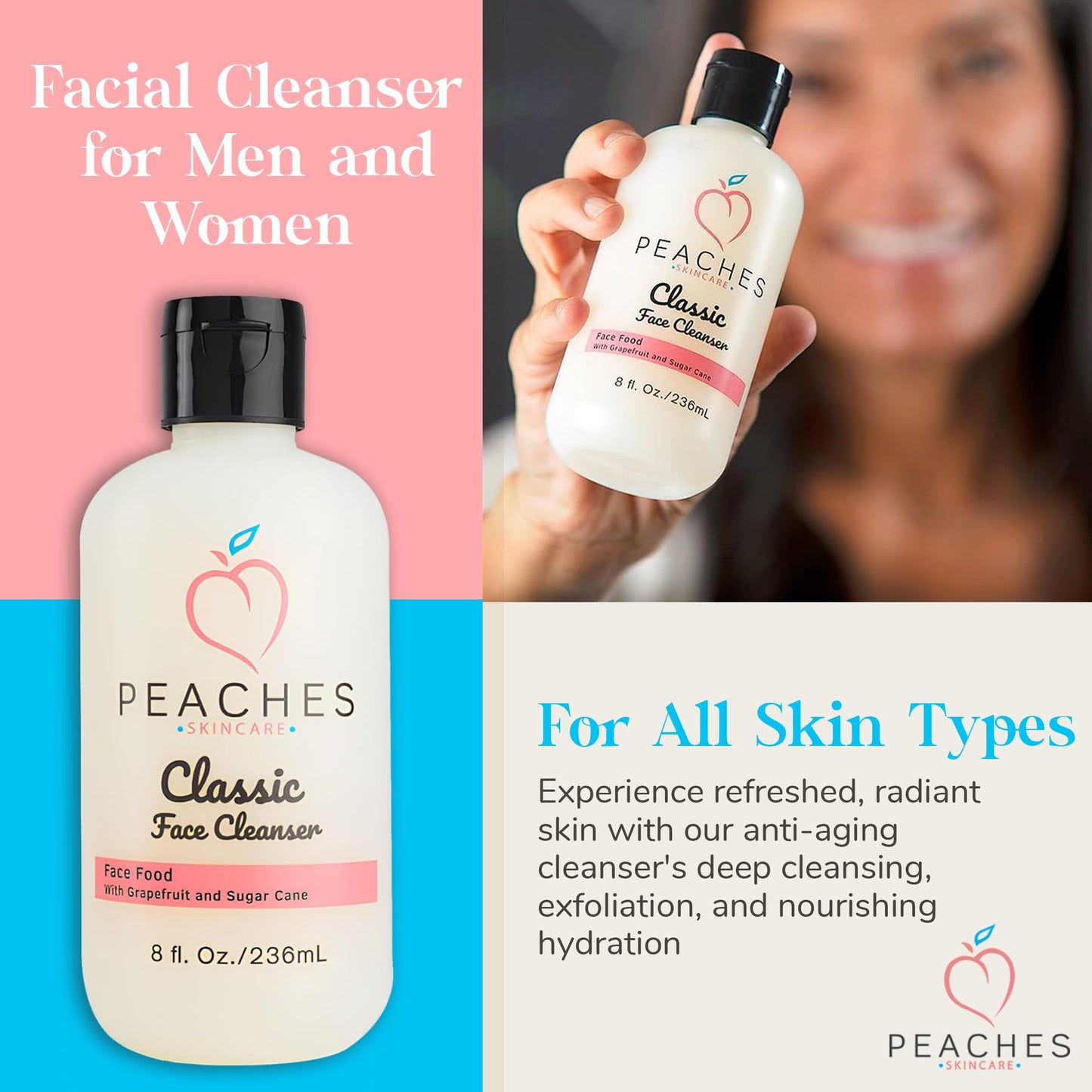 Face Cleanser (8 oz) - Hydrating Facial Cleanser with Grape Fruit, Sugar Cane, Gotu Kola - Lightly Exfoliating Facial Cleanser for Women and Men - Vegan Cleanser for All Skin Types - Classic Cleanser