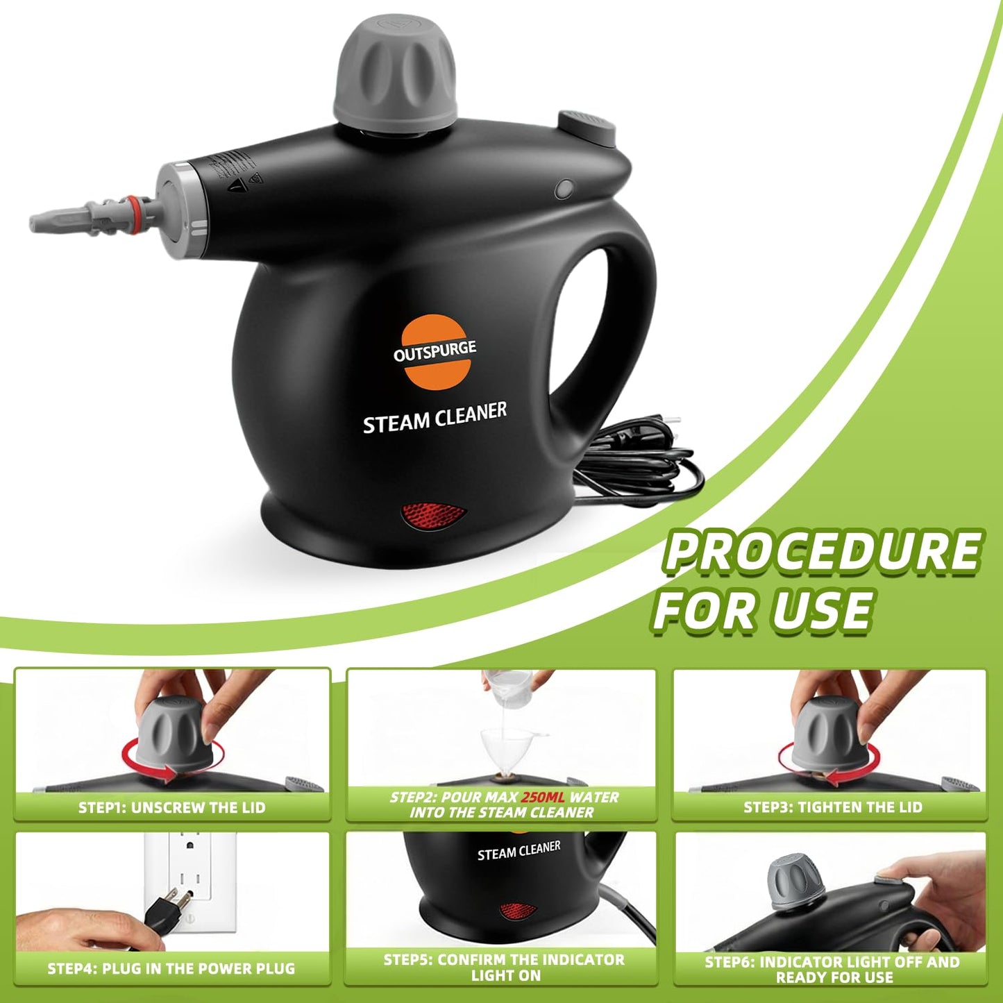 Outspurge Handheld Steam Cleaner, Pressurized Multi-Surface Steam Shot with 13 Accessories, Safety Lock, Steamer for Cleaning Floor, Upholstery, Grout, Windows, Couch and Car (Black)