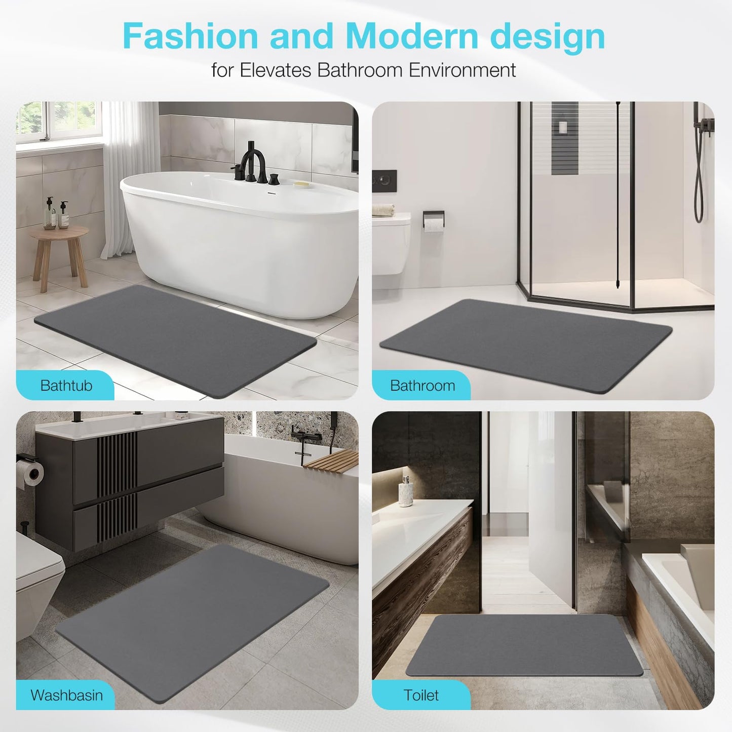 Yinoos Large Diatomite Stone Bath Mat, Premium Non-Slip Natural Diatomaceous Earth Bathtub Quick Drying Mats for Bathroom Floor (30" x 17" Dark Gray)