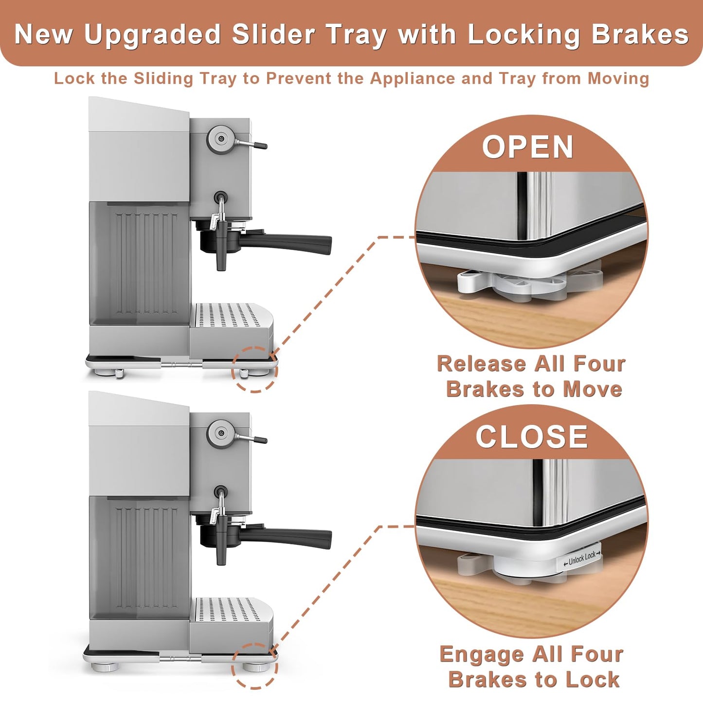 Adjustable Appliance Sliding Tray - Expandable 11" x 11"- 20" x 20" Slider Tray for Kitchen Appliances - 360° Countertop Rolling Tray with Locking Brakes for Coffee Makers