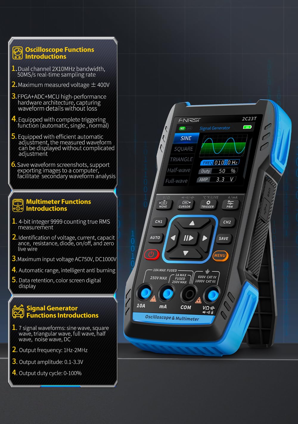 【FNRSI 2C23T Upgraded with Carrying CASE】 3 in1 Oscilloscope/Multimeter/DDS Signal Generator with 2 Channels, Automotive Oscilloscope 10MHz Bandwidth, 50MSa/s Sampling Rate, 10000 Counts, Voltage
