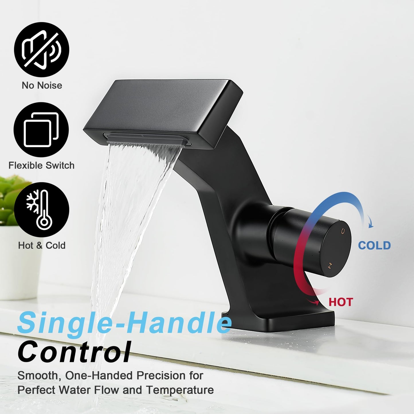 BAKALA Black Waterfall Bathroom Faucets, Single Hole Single Handle Brass Bathroom Sink Faucet Deck Mount, Rv Lavatory Vanity Faucet with 2 Supply Holes