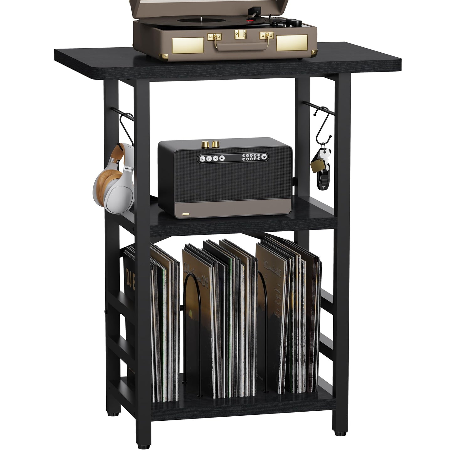 YAKANJ Record Player Stand with Extended Desktop,Large Record Player Table with Vinyl Storage,Turntable Stand with Record Holder Vinyls Display Shelf for Music Room Studio,Modern Black